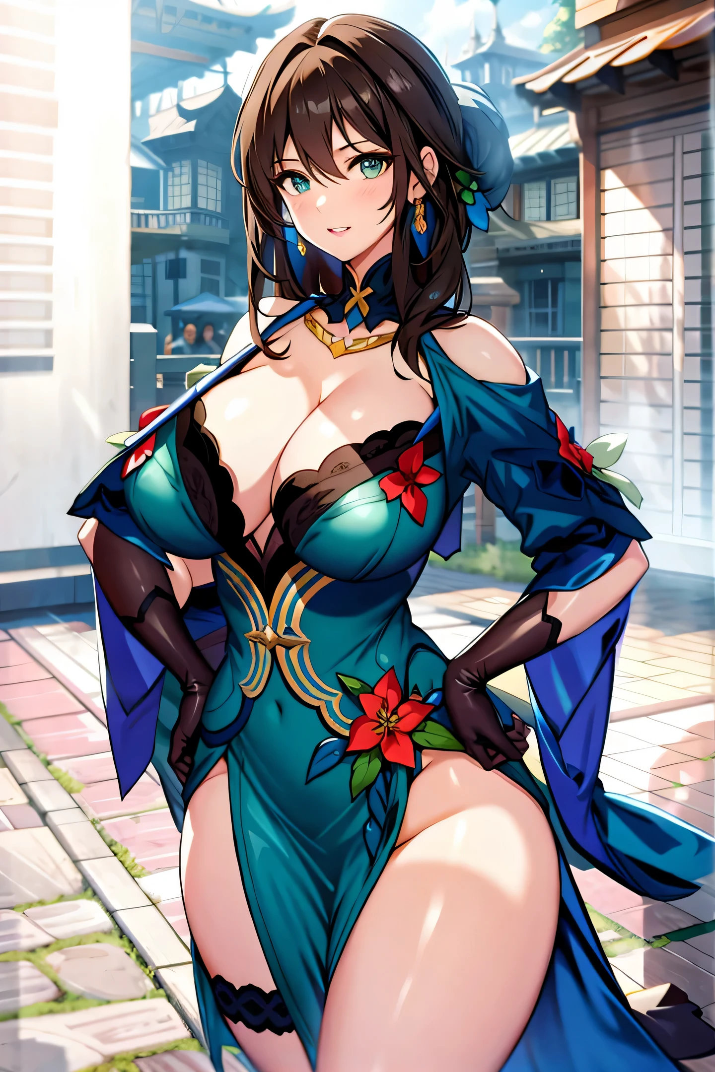 dark brown hair, blue dress, green eyes, gigantic breasts, cleavage, bare legs