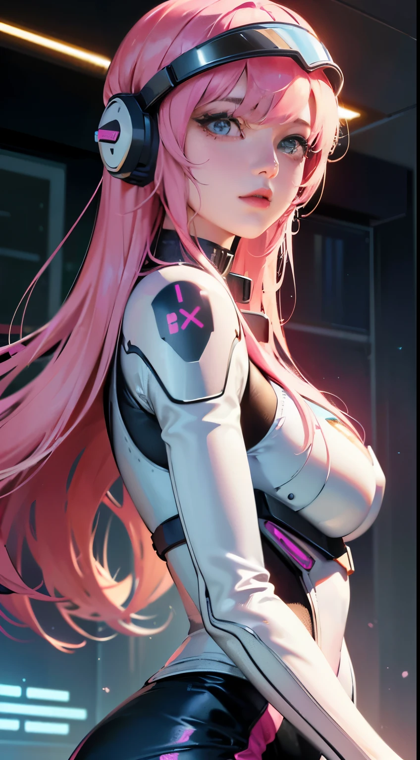 best image quality, excellent details, ultra high resolution, (realism: 1.4), best illustrations, Favor details, condensed 1girl, With a delicate and beautiful face, wearing a pink mech, wearing a mechanical helmet, Have a direction controller, riding a motorcycle, The background is a high-tech lighting scene of a futuristic city.