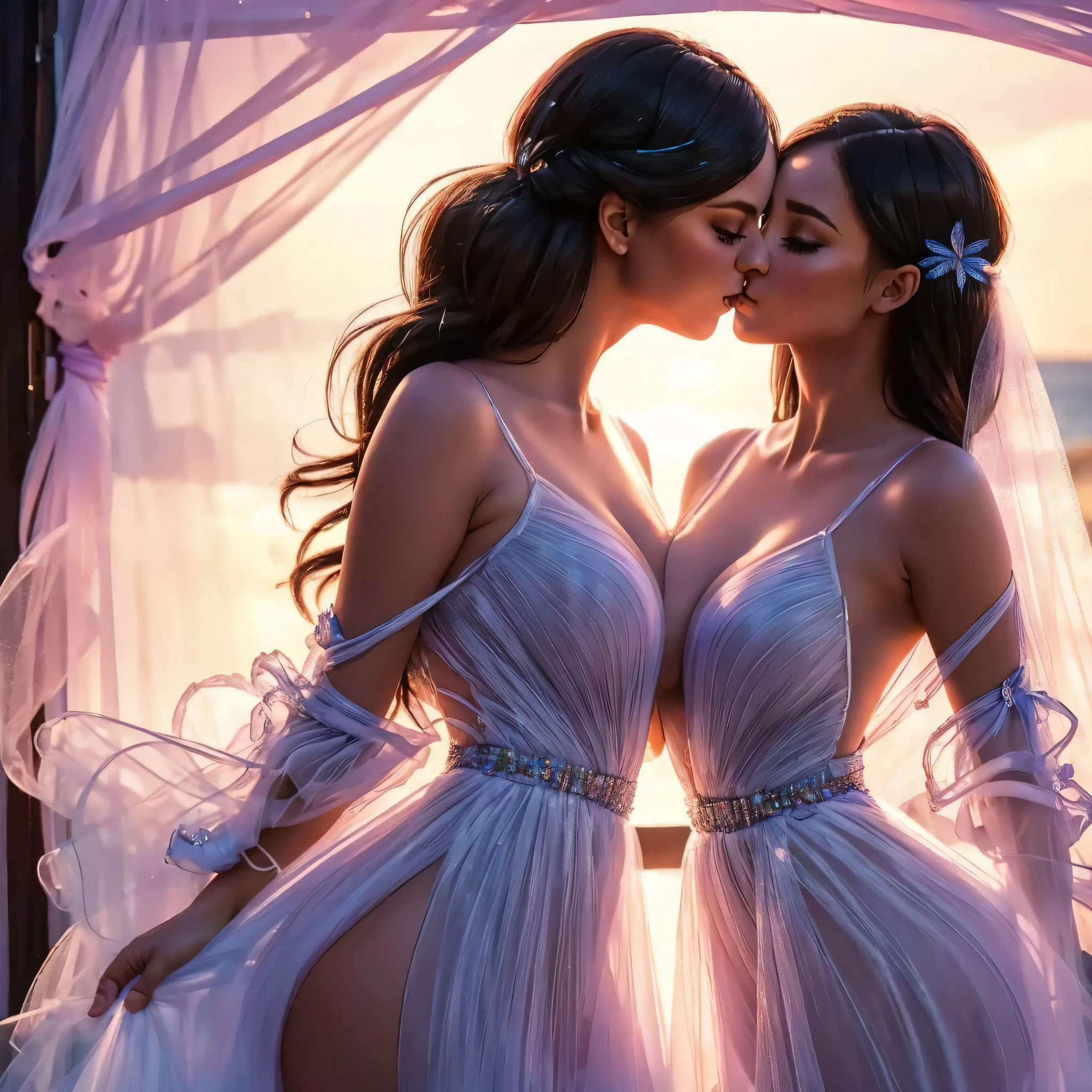 two girl kissing, see her ass,(bright lighting,romantic setting),dreamy background,bondage,dark hair, mesmerizing gaze, , soft skin, alluring beauty, artistic portrait, high-quality image, vibrant colors,translucent silk wedding dress, mosquito net,