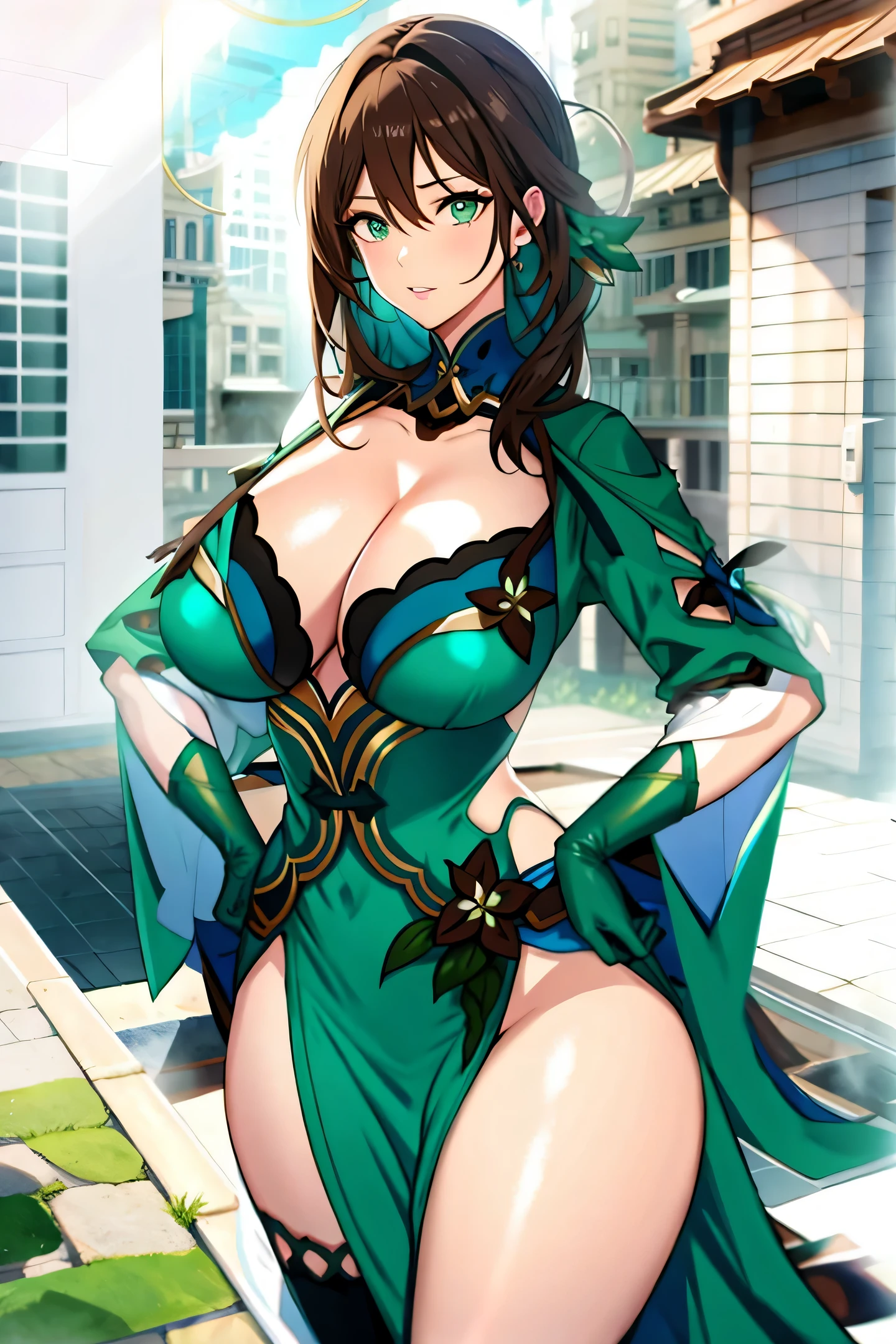 dark brown hair, cyan colored dress, green eyes, gigantic breasts, cleavage, bare legs
