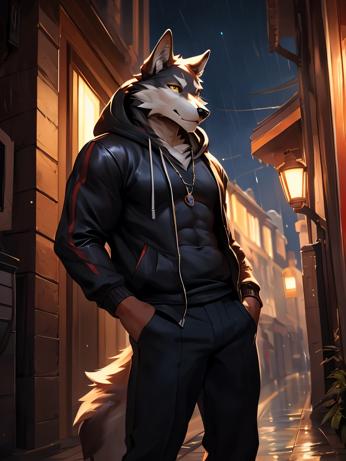 (4k, 8K, A high resolution), (best quality), (perfect colors), (perfect shadows), (perfect lighting), posted on e621, (by Chunie, by canyne khai, by t.y.starale), male, furry, Wolf anthro, (Wolf Tail), solo, yellow eyes, (Realistic eye details 1.2), night city, heavy rain, (Realistic Rain detail), Wearing White T-shirt, Longline sweatshirt hoodie sweater jacket wear, slimfit black chinos long pants, high pantofel shoes, Slim body, full body like, abs, muscular, Standing up position, freestyle, cool pose charm, a gaze full of male charisma, masterpiece, illustration, (Realistic background), ((Bonifasko lighting)), (Detailed eyes), perfect pupils, detail eyes, detail fluffy fur, (seductive face:1.2), fit body, fit body, perfect male figure, Detailed fur, Detailed face, Perfect face, Detailed background, (Complex), (Super Detail), (Ultra Clear), (Best Quality)