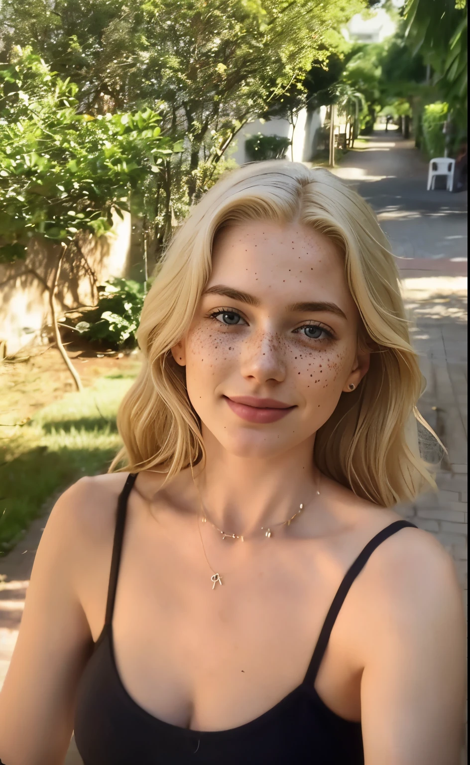 mulher, americana, 25 anos, pale skin and freckles, olhos cinzas, nariz delicado, soft and delicate lips, longo, cabelo blondie longo e ondulado na altura da cintura, sorriso meigo,