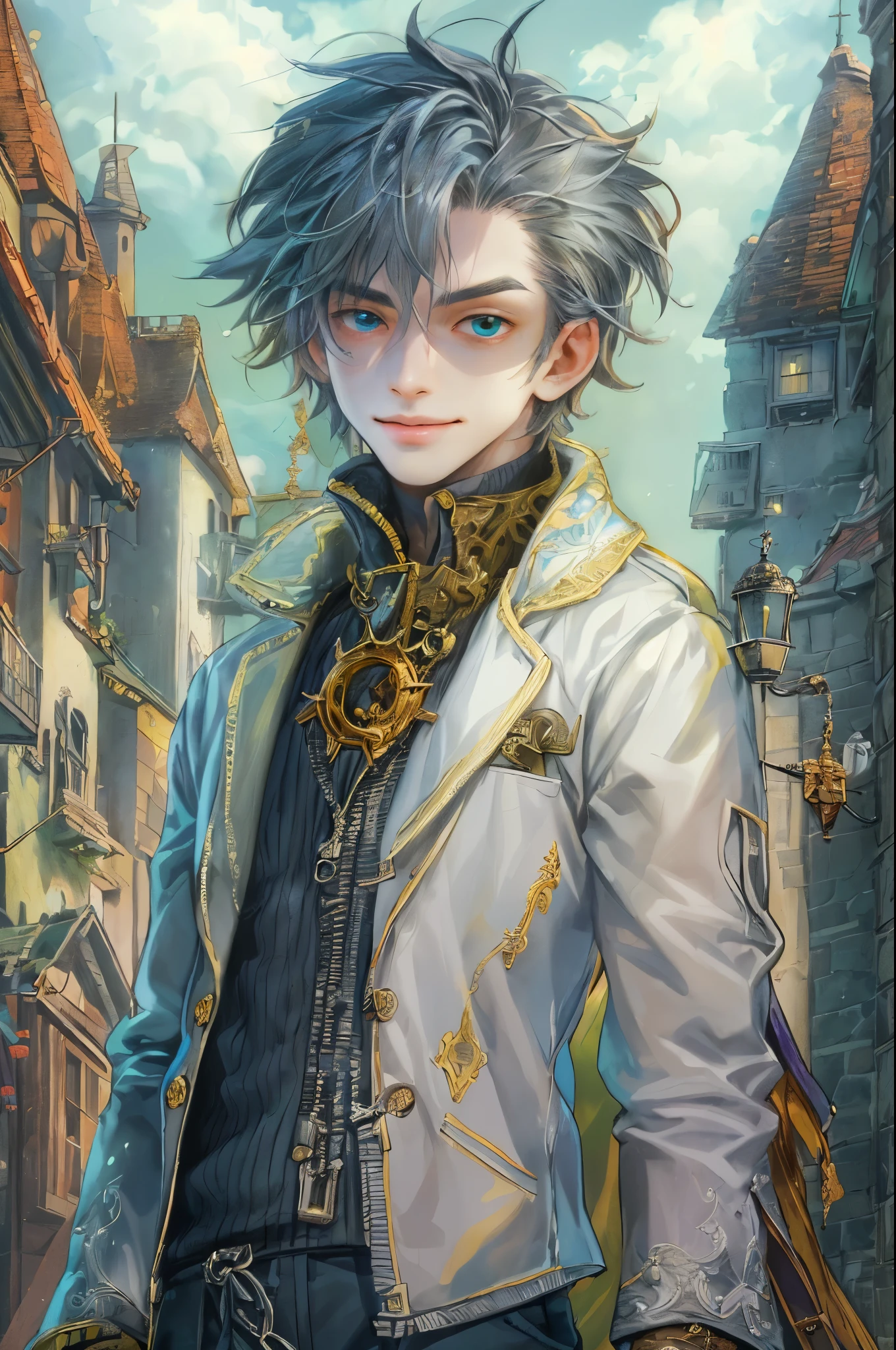((absurdres, highres, ultra detailed, perfect face), 1 boy , front view, young boy, handsome boy villain character from Final Fantasy VII, short hair, anime eyes, celestial clothes with colorful details, eyes on the viewer, add red details to picture and smirk, dimples, extremely detailed CG unity 8k wallpaper, add blue details on side, intricate details and add yellow details on left, town background, detailed houses town scenery window background, tim burton style theme