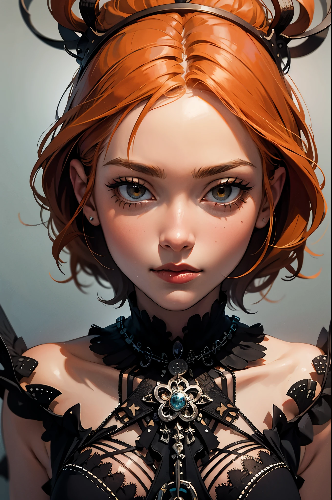 with smile red lipstick. and with light blue eyes.choker , ultra realistic, 4k, extremely detailed, anime style, piercing in the naris, colors red i black, shoulders drooping, large breasts, neckline,
