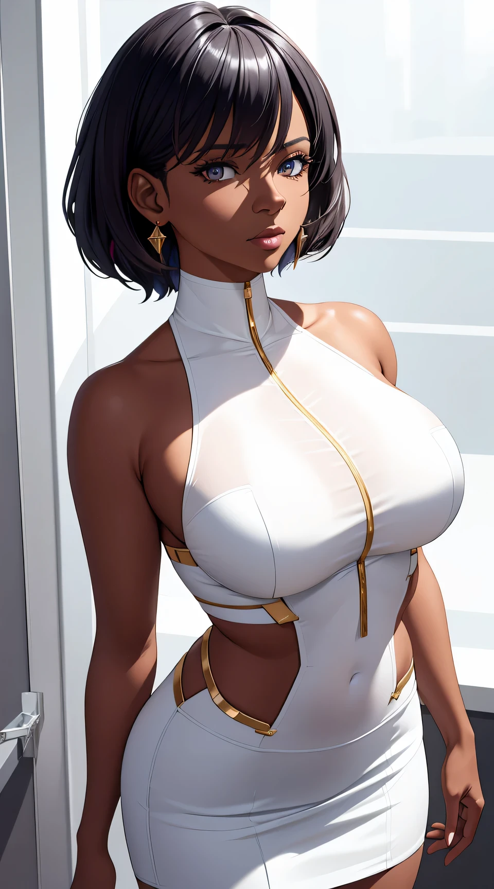 (best quality:1.5, highres, UHD, 4K, detailed lighting, shaders), black floral haired, gradient hair, large breasts, suit, white shirt, white social shirt, ehite short skirt, mature woman , (pov), white background, colorful eyeshadow, dramatic lighting, sparkling eyes, sensual expression, golden earrings, flowing hair, delicate facial features, dark skinned, high cheekbones, urban setting, white background, dont look for the camera, lean forward,