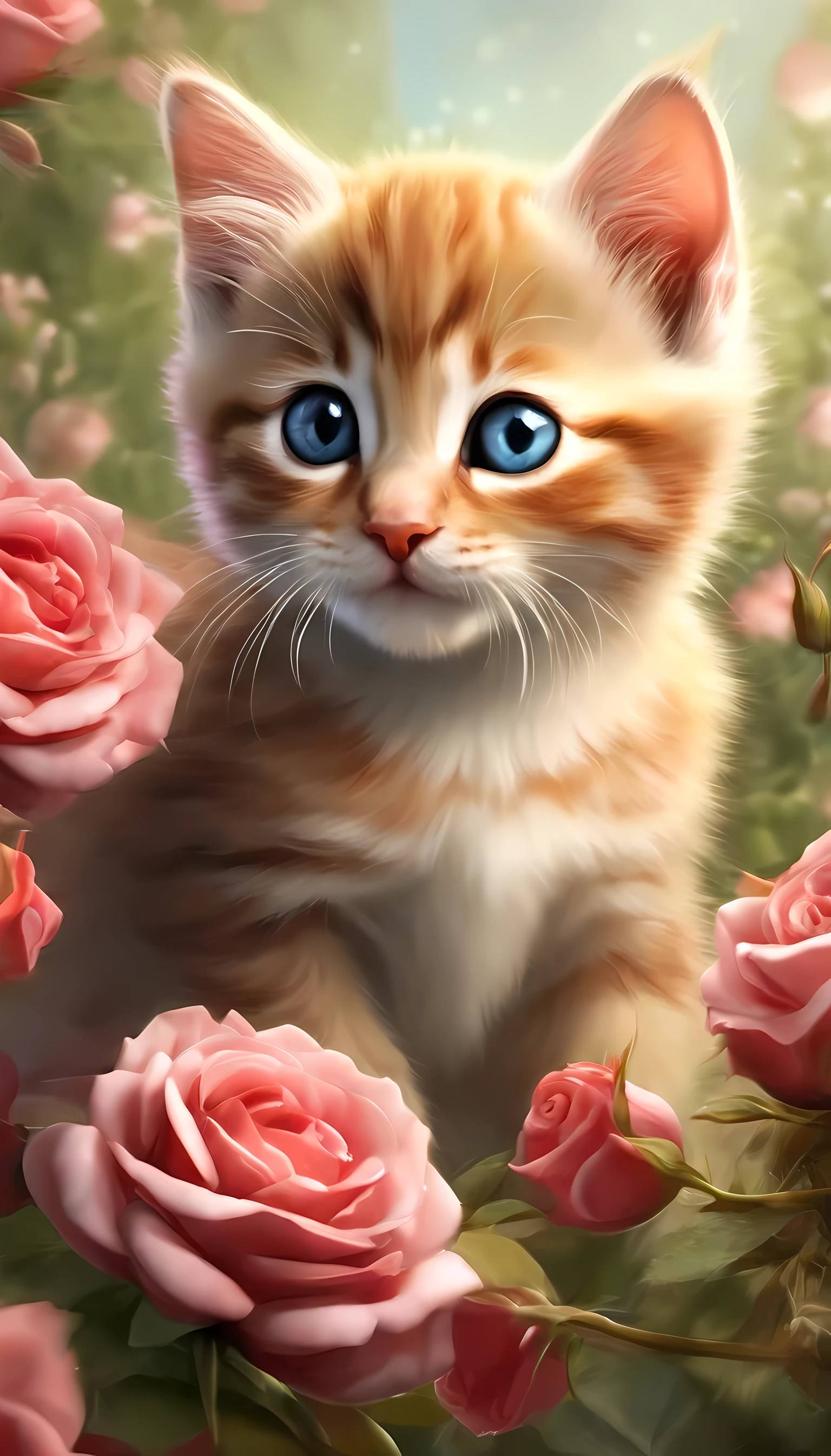 In this ultra-detailed CG art, Cute kitten surrounded by ethereal roses, Ha hater, best quality, high resolution, intricate details, fantasy, Cute animals, open mouth, Ha ha!!