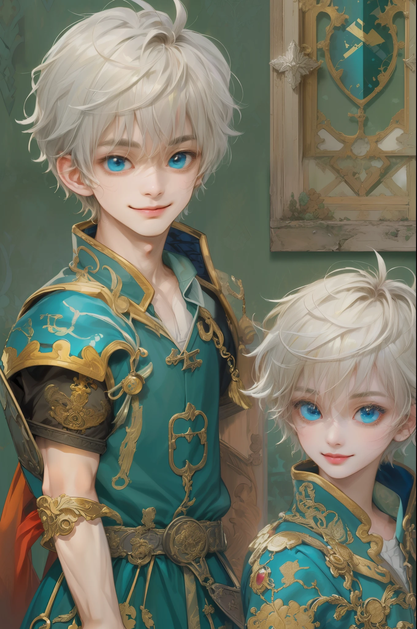 ((absurdres, highres, ultra detailed, perfect face), 1 boy , front view, young boy, handsome boy villain character from Brigandine, short hair, anime eyes, celestial clothes with colorful details,  eyes on the viewer, add red details to picture and smirk, dimples, extremely detailed CG unity 8k wallpaper, add blue details on side, intricate details and add yellow details on left, armory ornaments, Item shop background, detailed houses town scenery window background, tim burton style theme