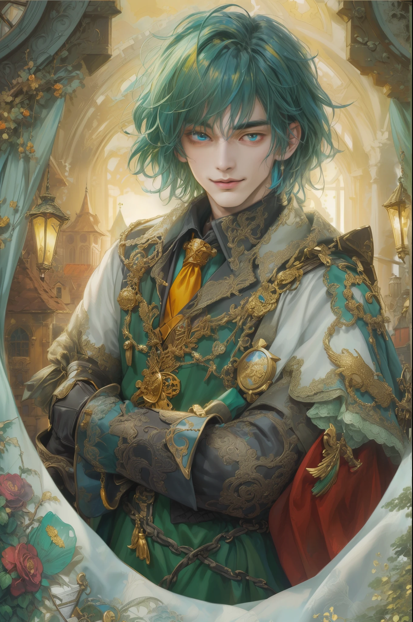 ((absurdres, highres, ultra detailed, perfect face), 1 boy , front view, young boy, handsome boy villain character from Brigandine, short hair, anime eyes, celestial clothes with colorful details, eyes on the viewer, add red details to picture and smirk, dimples, extremely detailed CG unity 8k wallpaper, add blue details on side, intricate details and add yellow details on left, armory ornaments, Item shop background, detailed houses town scenery window background, tim burton style theme