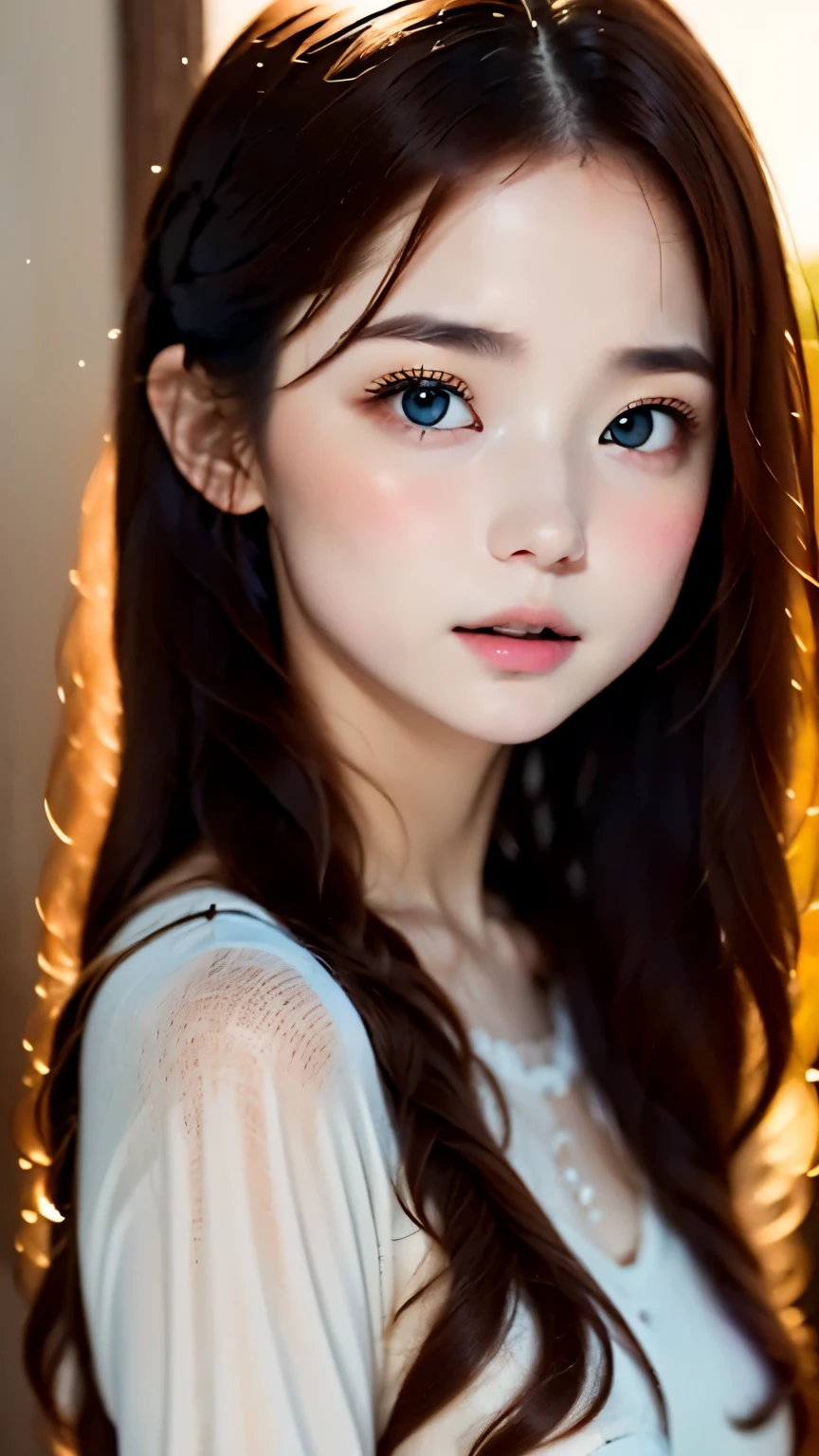 one girl、(((hair changing from brown to red:1.2、Beautiful gradient hair:1.2)))、big red ribbon hair ornament、cute face、baby face、natural look、Casual costume、simple background、blurred background、