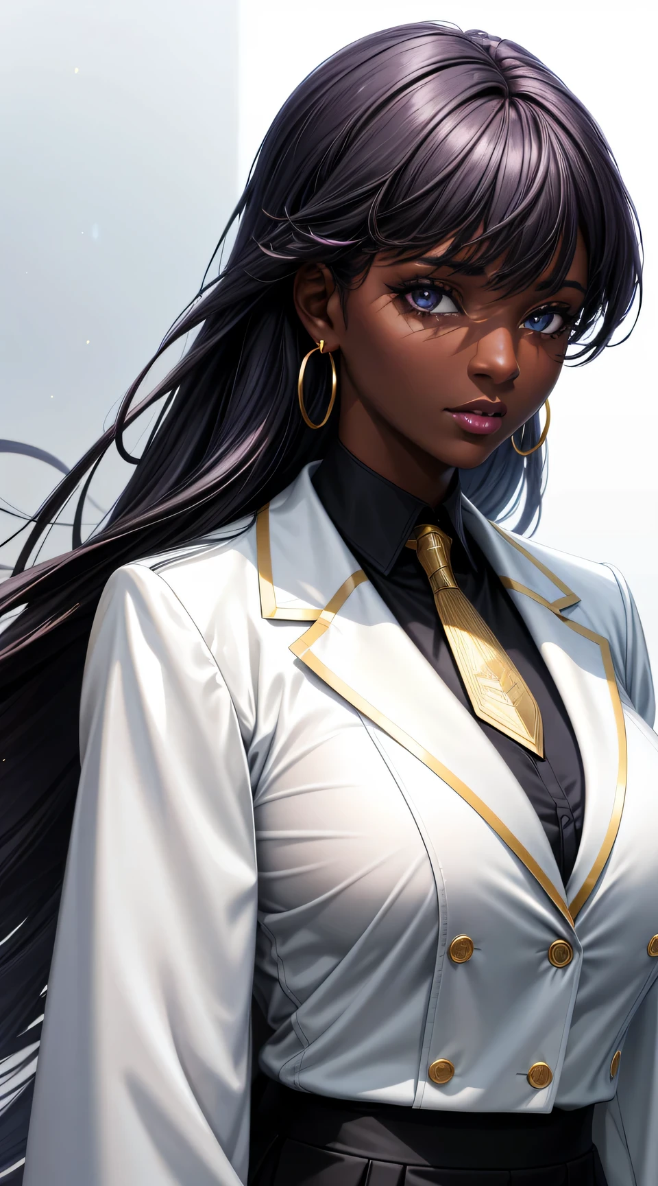(best quality:1.5, highres, UHD, 4K, detailed lighting, shaders), black floral haired, gradient hair, large breasts, white suit, gray shirt, white social shirt, ehite short skirt, mature woman , (pov), white background, colorful eyeshadow, dramatic lighting, sparkling eyes, sensual expression, golden earrings, flowing hair, delicate facial features, dark skinned, high cheekbones, urban setting, white background, dont look for the camera, lean forward,