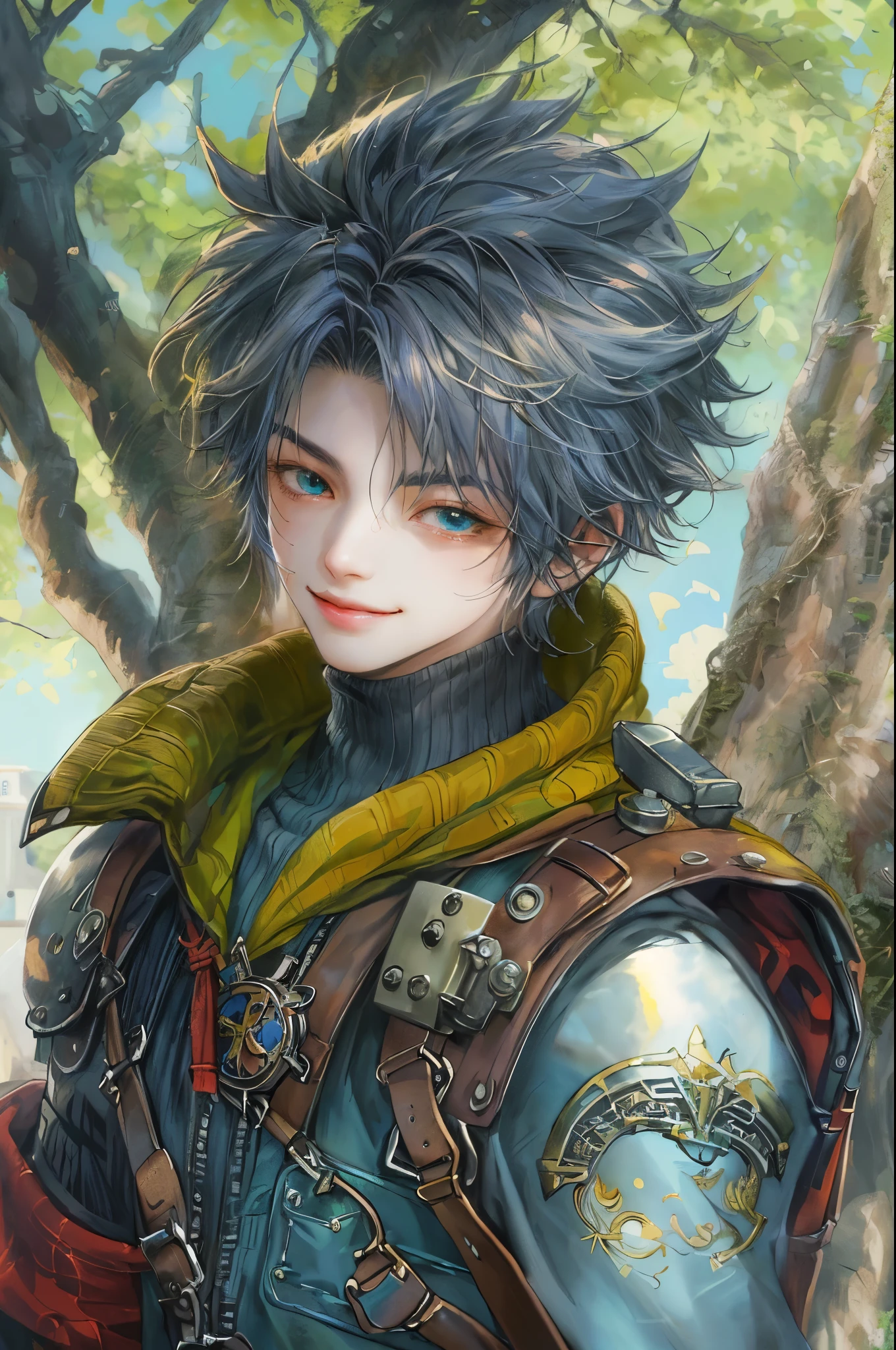 ((absurdres, highres, ultra detailed, perfect face), 1 boy , front view, young boy, handsome boy villain character from Final Fantasy VII, short hair, anime eyes, celestial clothes with colorful details, eyes on the viewer, add red details to picture and smirk, dimples, extremely detailed CG unity 8k wallpaper, add blue details on side, intricate details and add yellow details on left, house under a giant tree background, detailed houses town scenery from a far background, sakimi chan style art