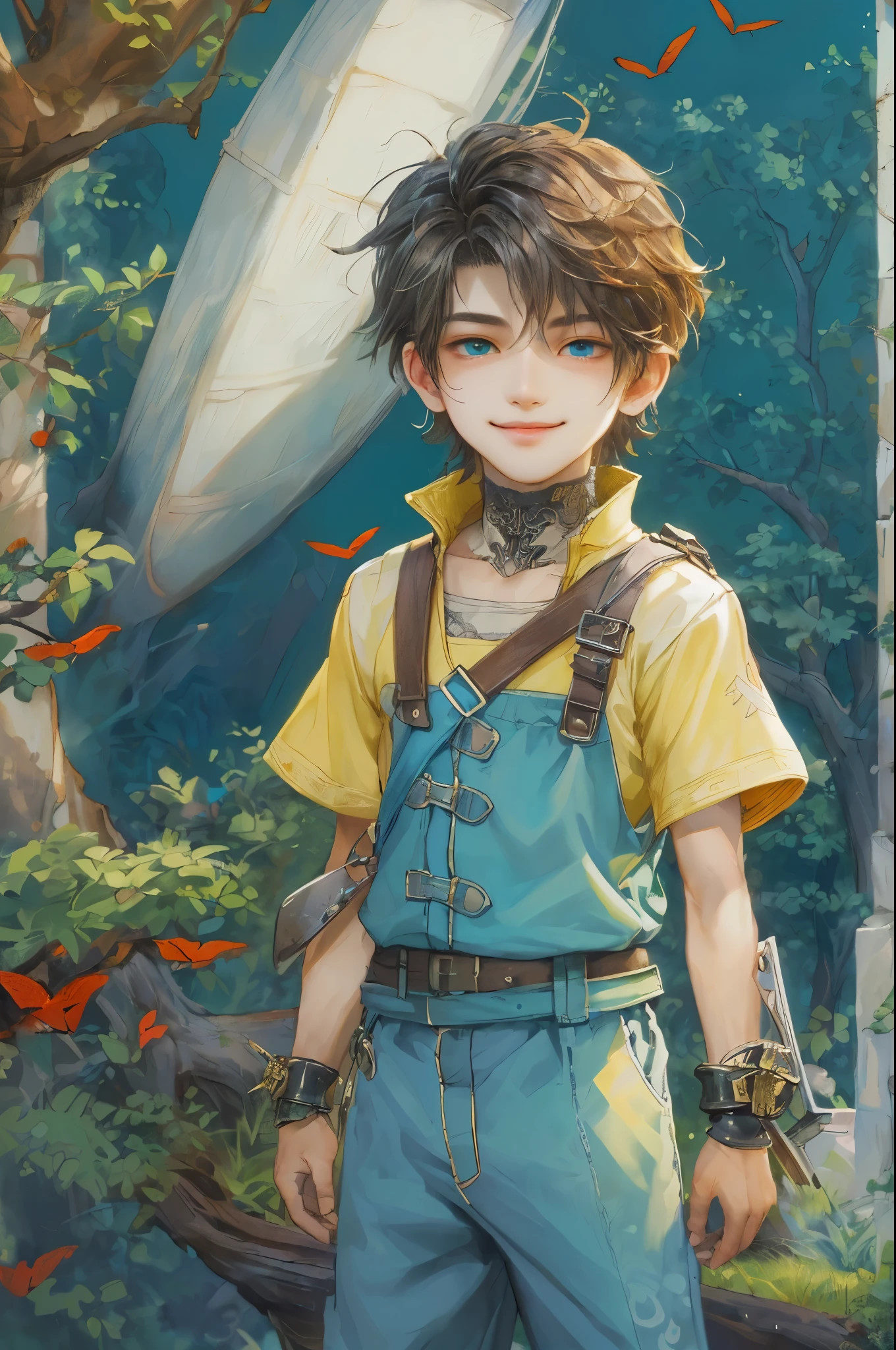 ((absurdres, highres, ultra detailed, perfect face), 1 boy , front view, young boy, handsome boy villain character from Final Fantasy VII, short hair, anime eyes, celestial clothes with colorful details, eyes on the viewer, add red details to picture and smirk, dimples, extremely detailed CG unity 8k wallpaper, add blue details on side, intricate details and add yellow details on left, house under a giant tree background, detailed houses town scenery from a far background, sakimi chan style art