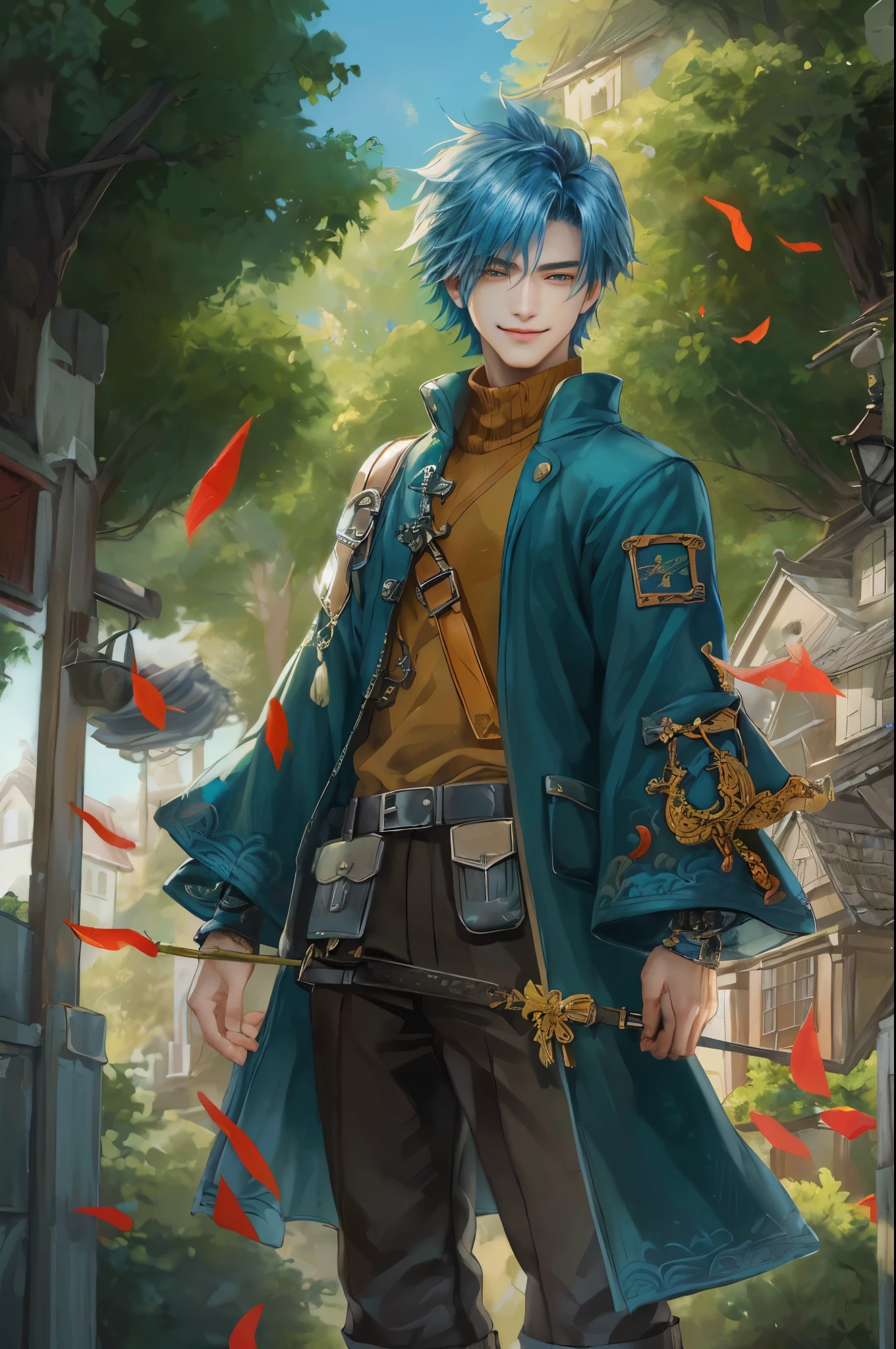 ((absurdres, highres, ultra detailed, perfect face), 1 boy , front view, young boy, handsome boy villain character from Final Fantasy VII, short hair, anime eyes, celestial clothes with colorful details,  eyes on the viewer, add red details to picture and smirk, dimples, extremely detailed CG unity 8k wallpaper, add blue details on side, intricate details and add yellow details on left, house under a giant tree background, detailed houses town scenery from a far background, sakimi chan style art