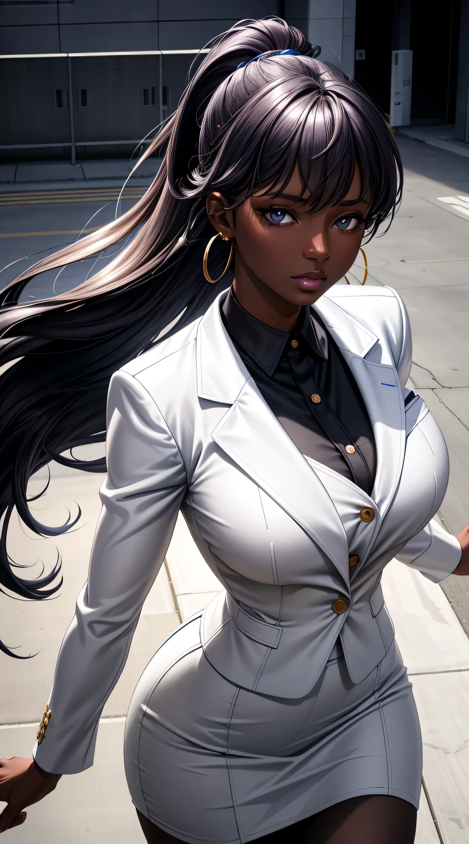 (best quality:1.5, highres, UHD, 4K, detailed lighting, shaders), black floral haired, gradient hair, large breasts, white suit, gray shirt, white social shirt, ehite short skirt, mature woman , (pov), white background, colorful eyeshadow, dramatic lighting, sparkling eyes, sensual expression, golden earrings, flowing hair, delicate facial features, dark skinned, high cheekbones, urban setting, white background, dont look for the camera, lean forward,