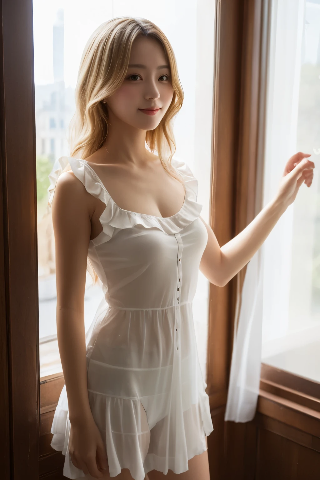 (Top quality, masterpiece), 1 girl, minute details, frills, see-through, sunlight from the window, blushing, blonde hair, standing, looking at camera,