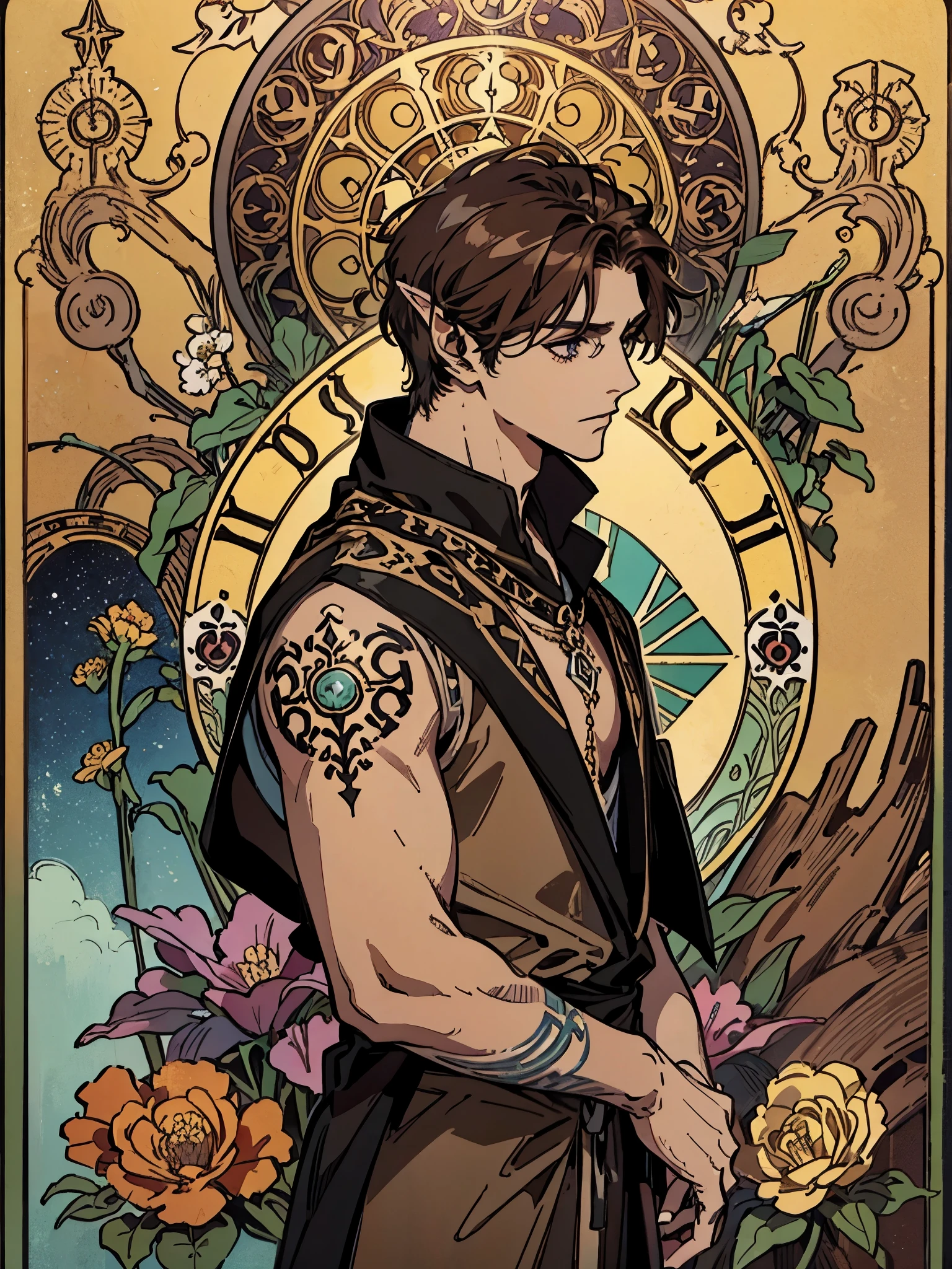 brutalmass, artwork by (Alphonse Mucha), masterpiece painting, illustration, Art Nouveau, foliage and vines, snapdragons, handsome young male, clean lines and brush strokes, intricate details, insane details, low contrast, bold natural colors