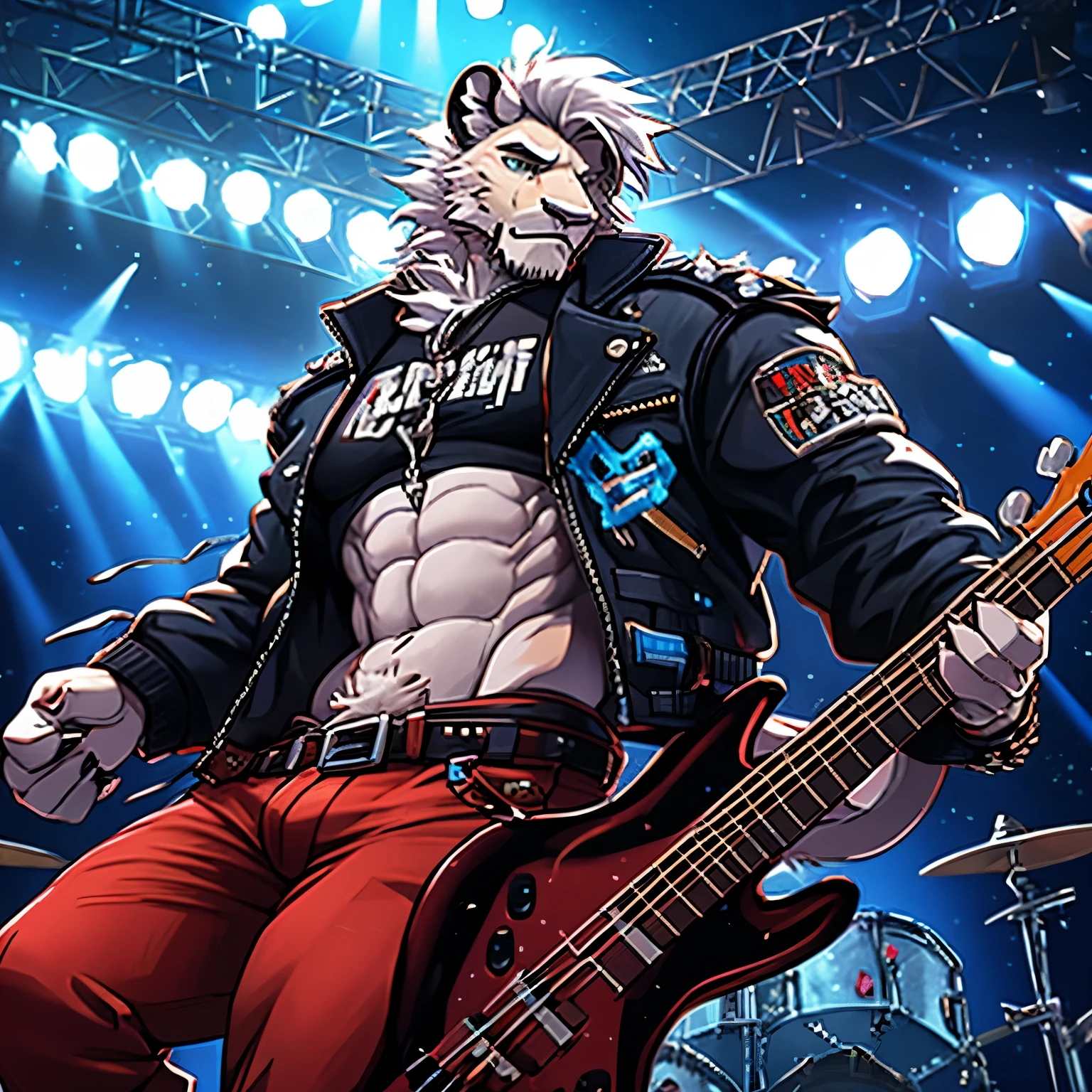 4k, actual, high detail, super detailed, fashion clothing,Punk， blue jacket, Red pants with belt,Transparent top，Abs loom，White lion，white fur，Strong body，Bassist，playing bass，on stage