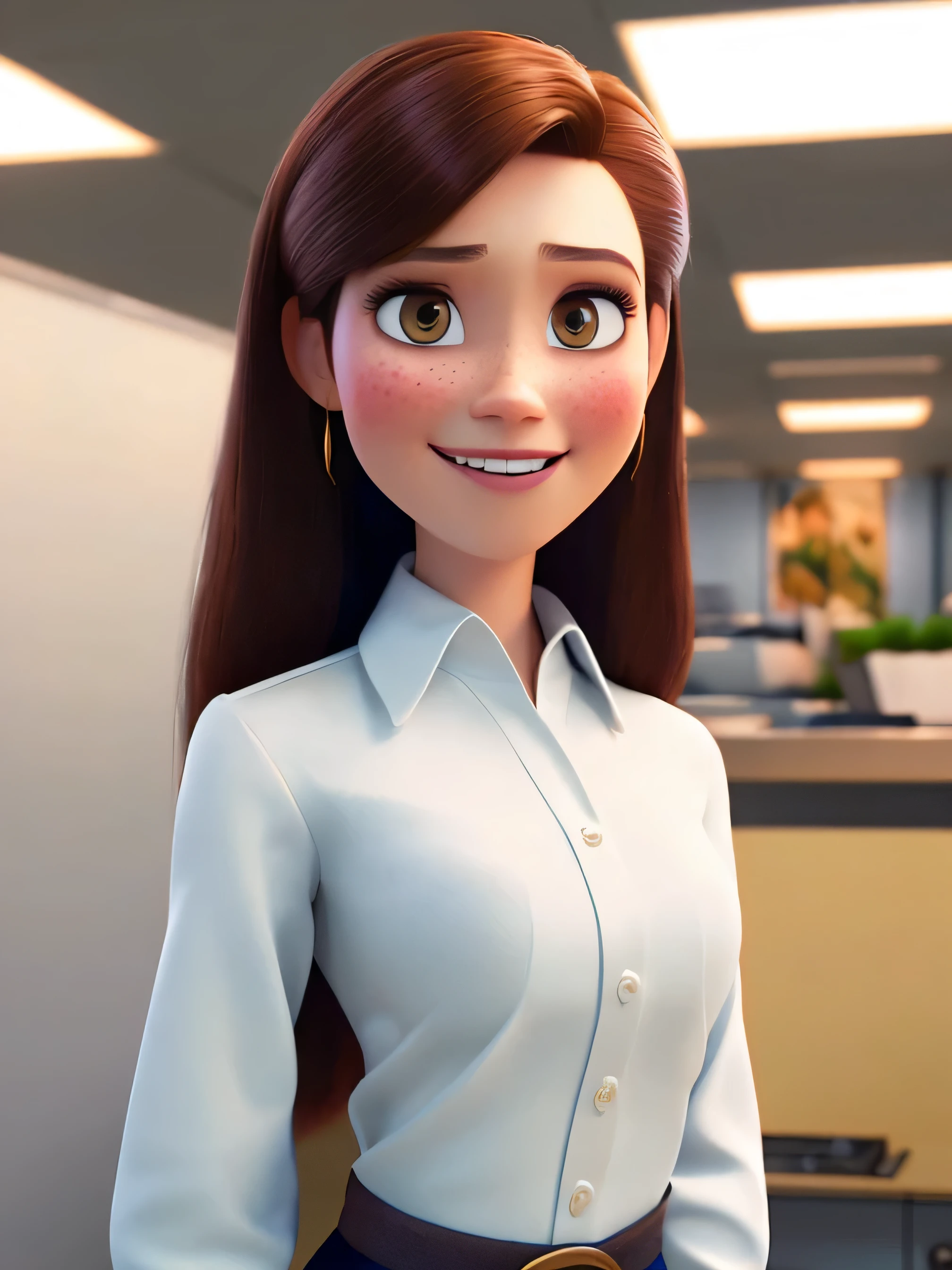 pixarstyle a waist-length portrait of a woman in a white dress shirt, smiling, with her left arm to the side and her finger indicating something long brown hair and white background, natural skin texture, 4k textures, hdr, intricate, highly detailed , sharp focus, cinematic look, hyper-detailed