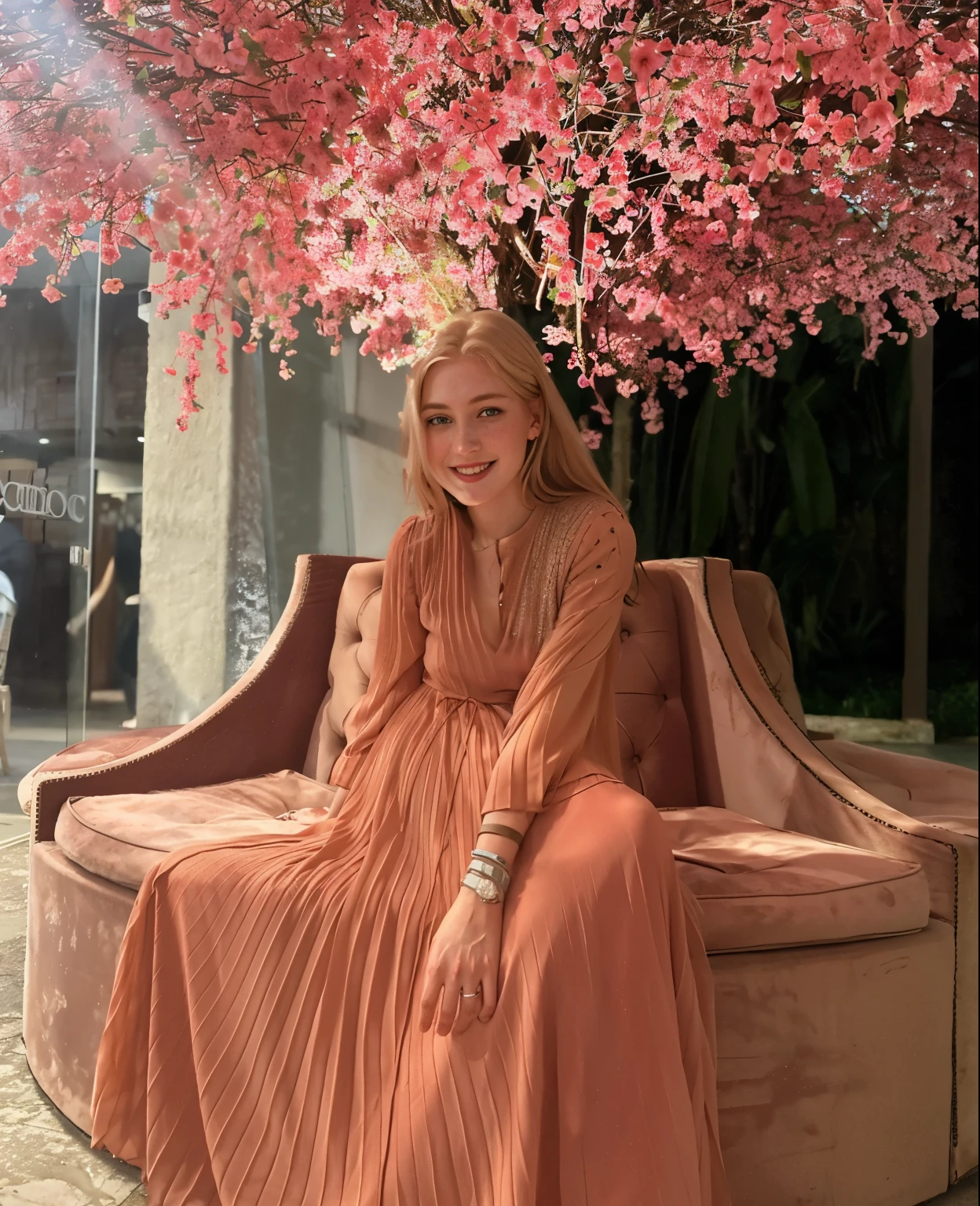 mulher, americana, 25 anos, pale skin and freckles, olhos cinzas, nariz delicado, soft and delicate lips, longo, cabelo blondie longo e ondulado na altura da cintura, sorriso meigo,