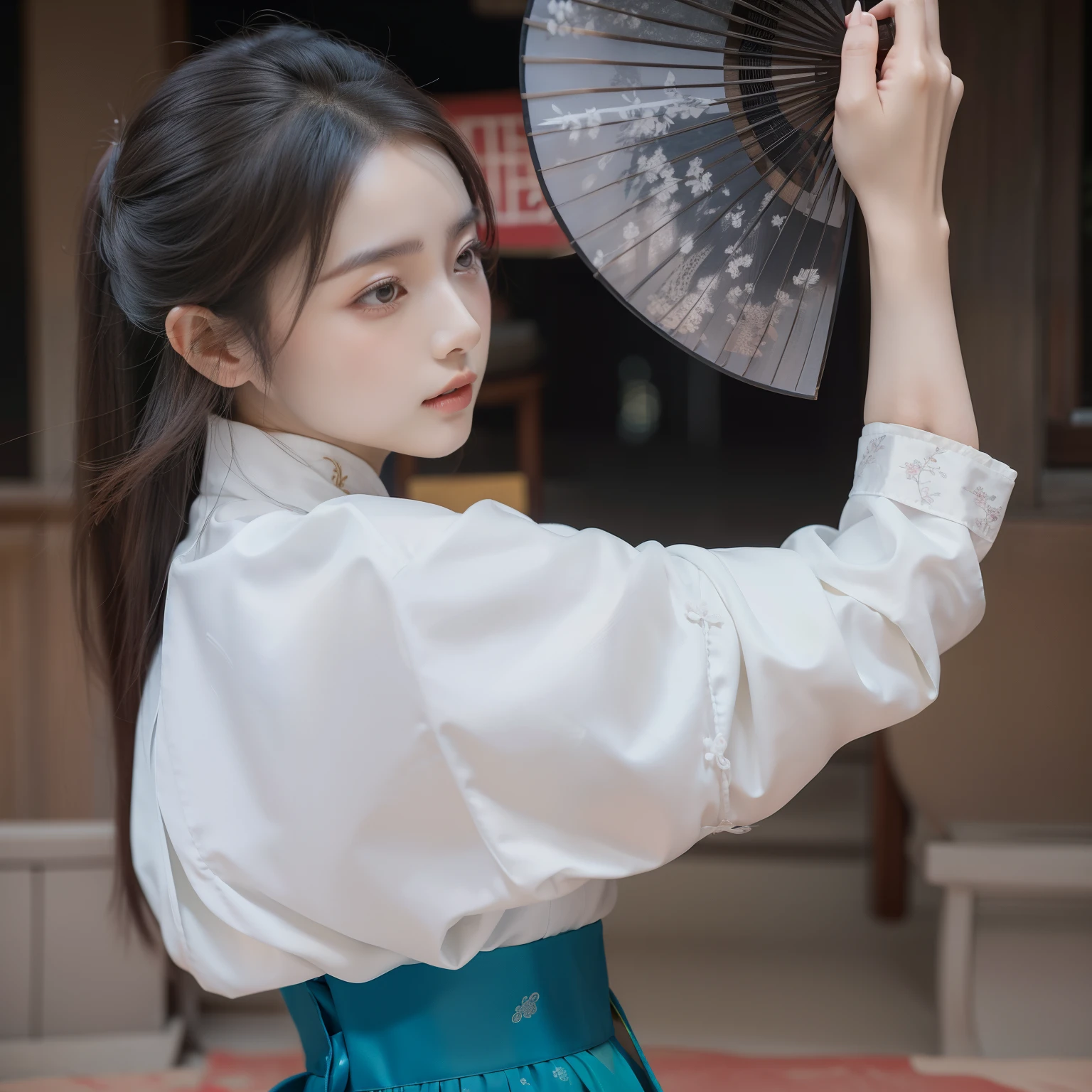 there is a woman in a white shirt holding a fan, white hanfu, palace , a girl in hanfu, chinese style, with acient chinese clothes, chinese girl, elegant japanese woman, hanfu, chinese costume, traditional chinese clothing, traditional chinese, cheongsam, wearing ancient chinese clothes, chinese woman, cute elegant pose, inspired by Huang Ji