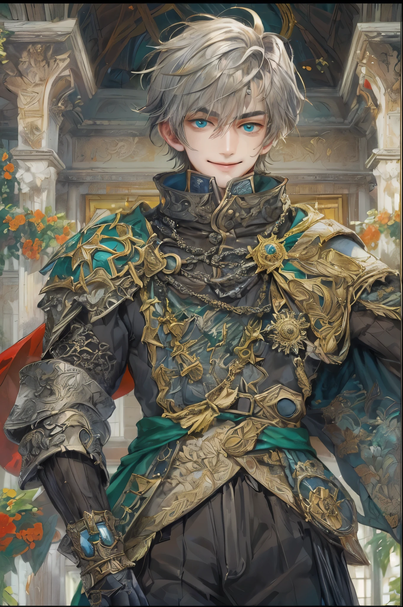 ((absurdres, highres, ultra detailed, perfect face), 1 boy , front view, young boy, handsome boy villain character from Brigandine, short hair, anime eyes, celestial clothes with colorful details,  eyes on the viewer, add red details to picture and smirk, dimples, extremely detailed CG unity 8k wallpaper, add blue details on side, intricate details and add yellow details on left, armory interior ornaments, Item shop background, detailed houses town scenery window background