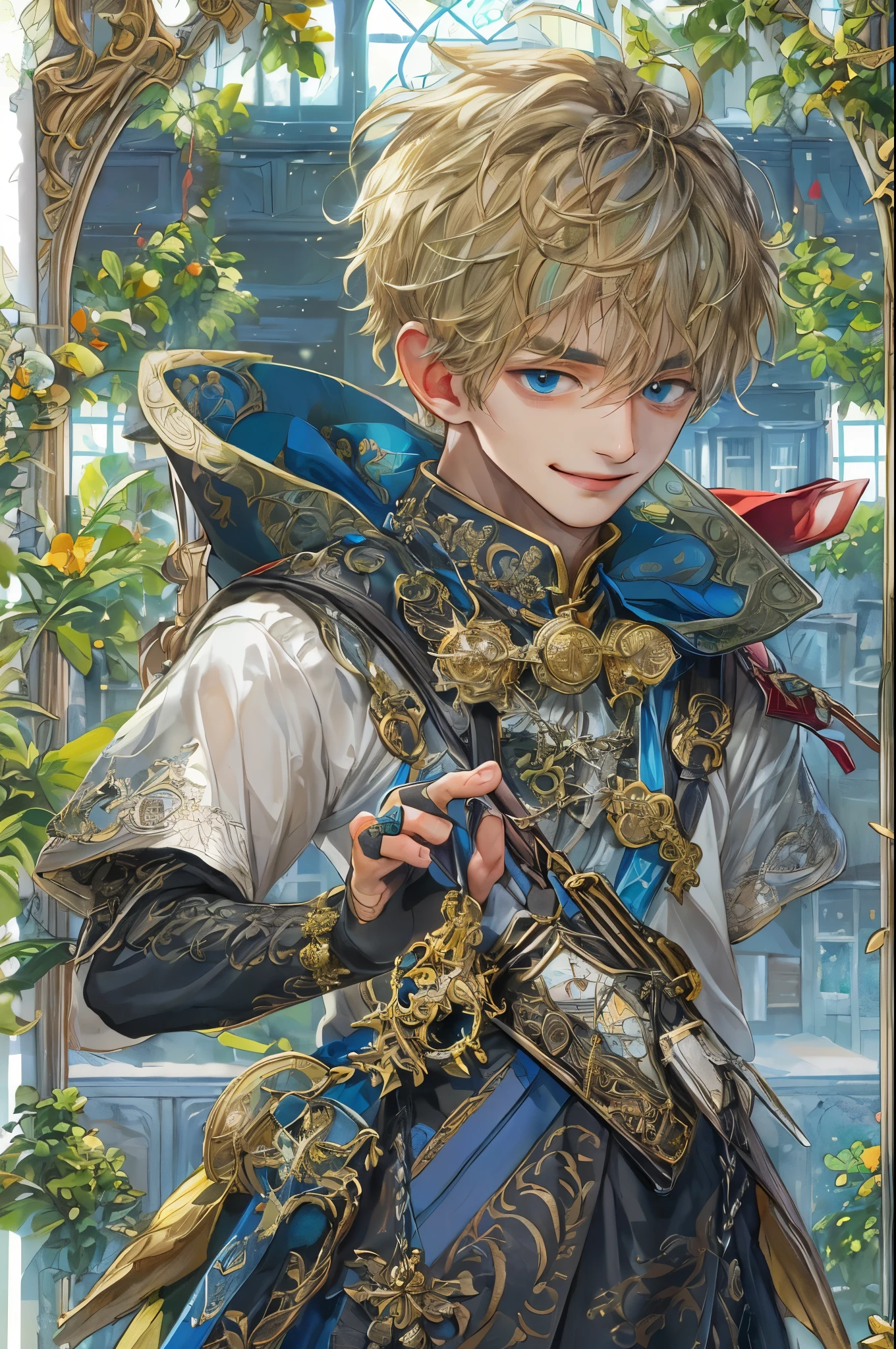 ((absurdres, highres, ultra detailed, perfect face), 1 boy , front view, young boy, handsome boy villain character from Brigandine, short hair, anime eyes, celestial clothes with colorful details,  eyes on the viewer, add red details to picture and smirk, dimples, extremely detailed CG unity 8k wallpaper, add blue details on side, intricate details and add yellow details on left, armory interior ornaments, Item shop background, detailed houses town scenery window background