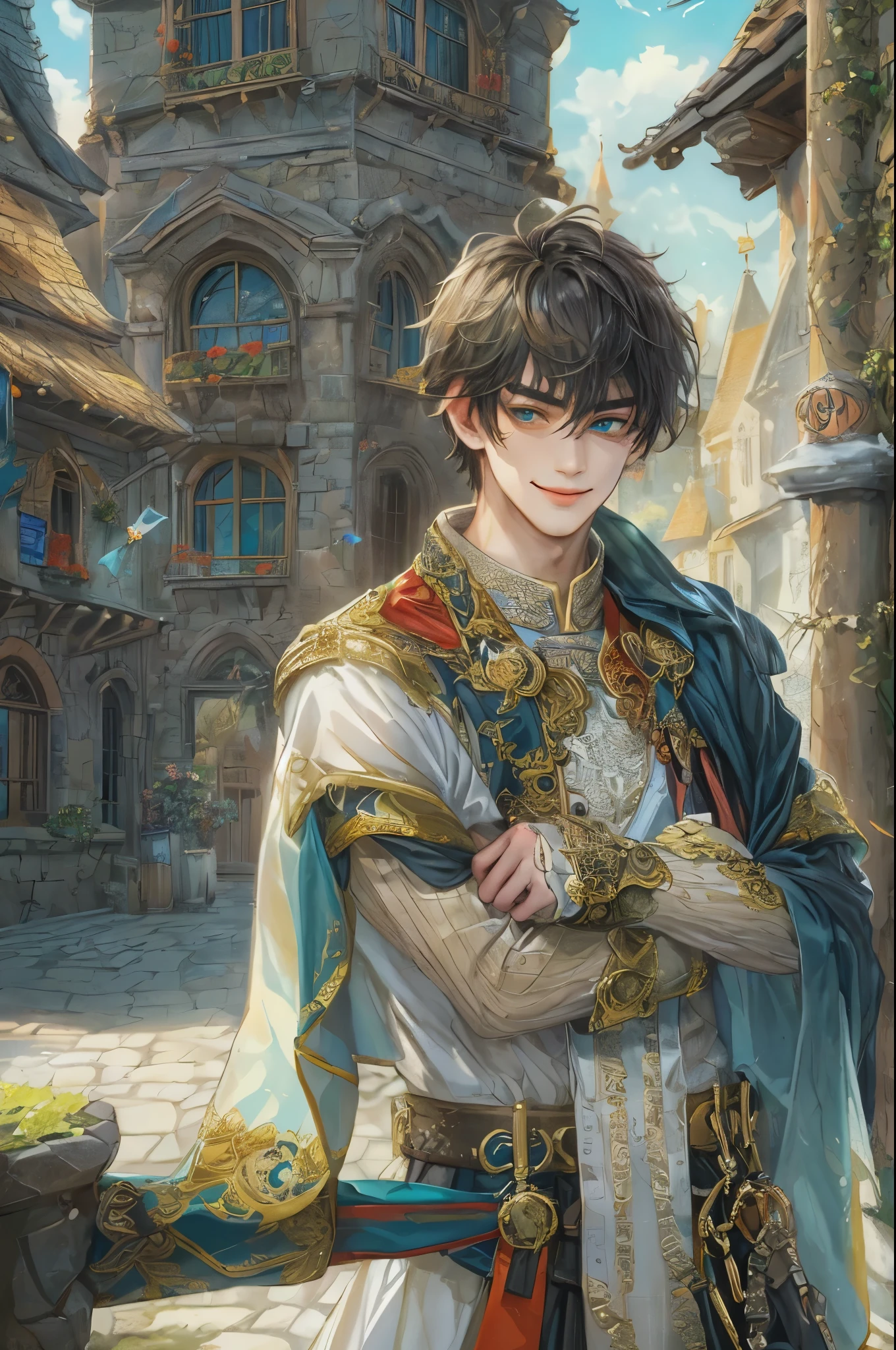 ((absurdres, highres, ultra detailed, perfect face), 1 boy , front view, young boy, handsome boy villain character from Brigandine, short hair, anime eyes, celestial clothes with colorful details, eyes on the viewer, add red details to picture and smirk, dimples, extremely detailed CG unity 8k wallpaper, add blue details on side, intricate details and add yellow details on left, armory interior ornaments, Item shop background, detailed houses town scenery window background