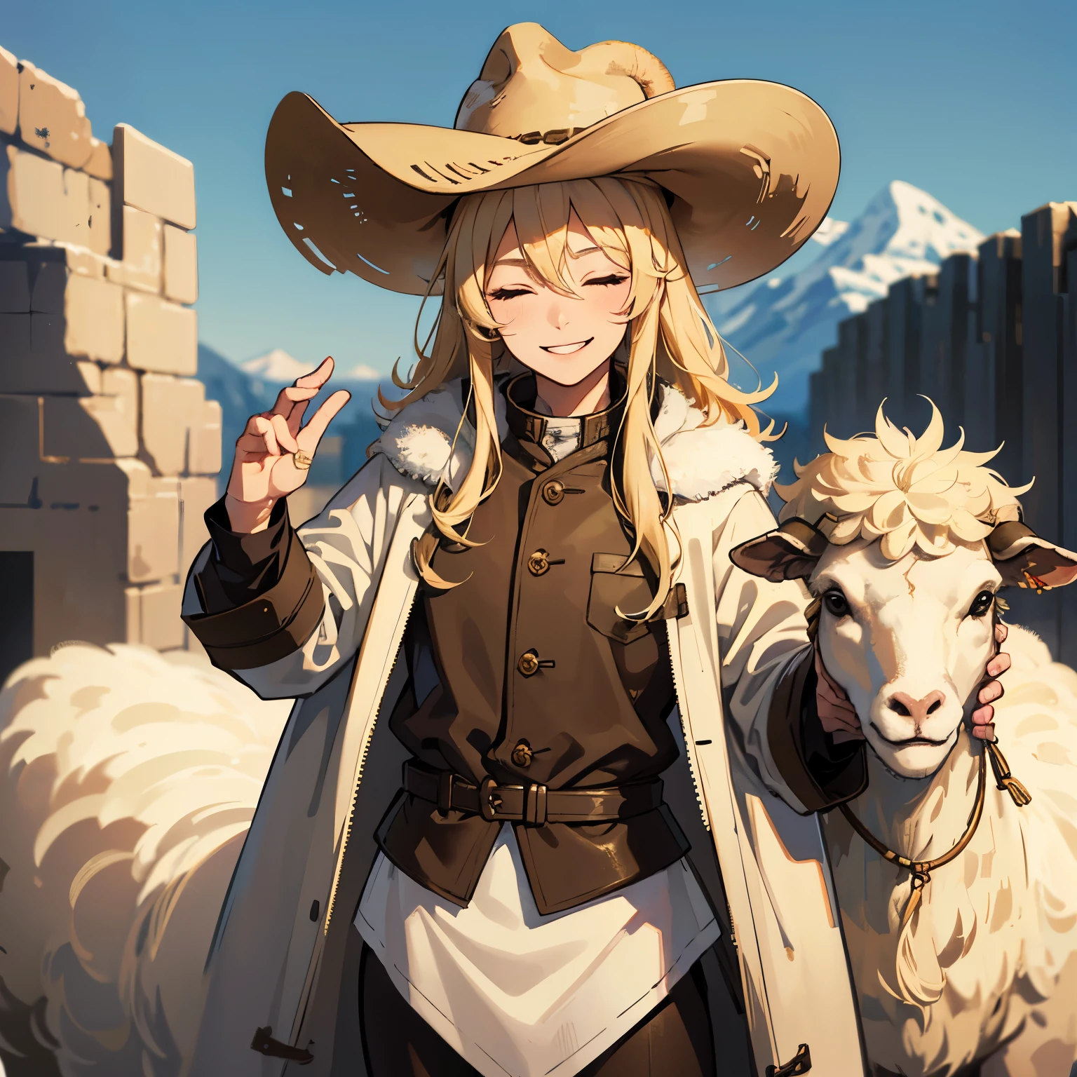 (((best quality))), perfect face, fair skin, dirty blonds, messy hair, midpart, smile, closed eyes, man, cowboy hat, sheep herder, thick jacket, smiling outside, relaxed looking