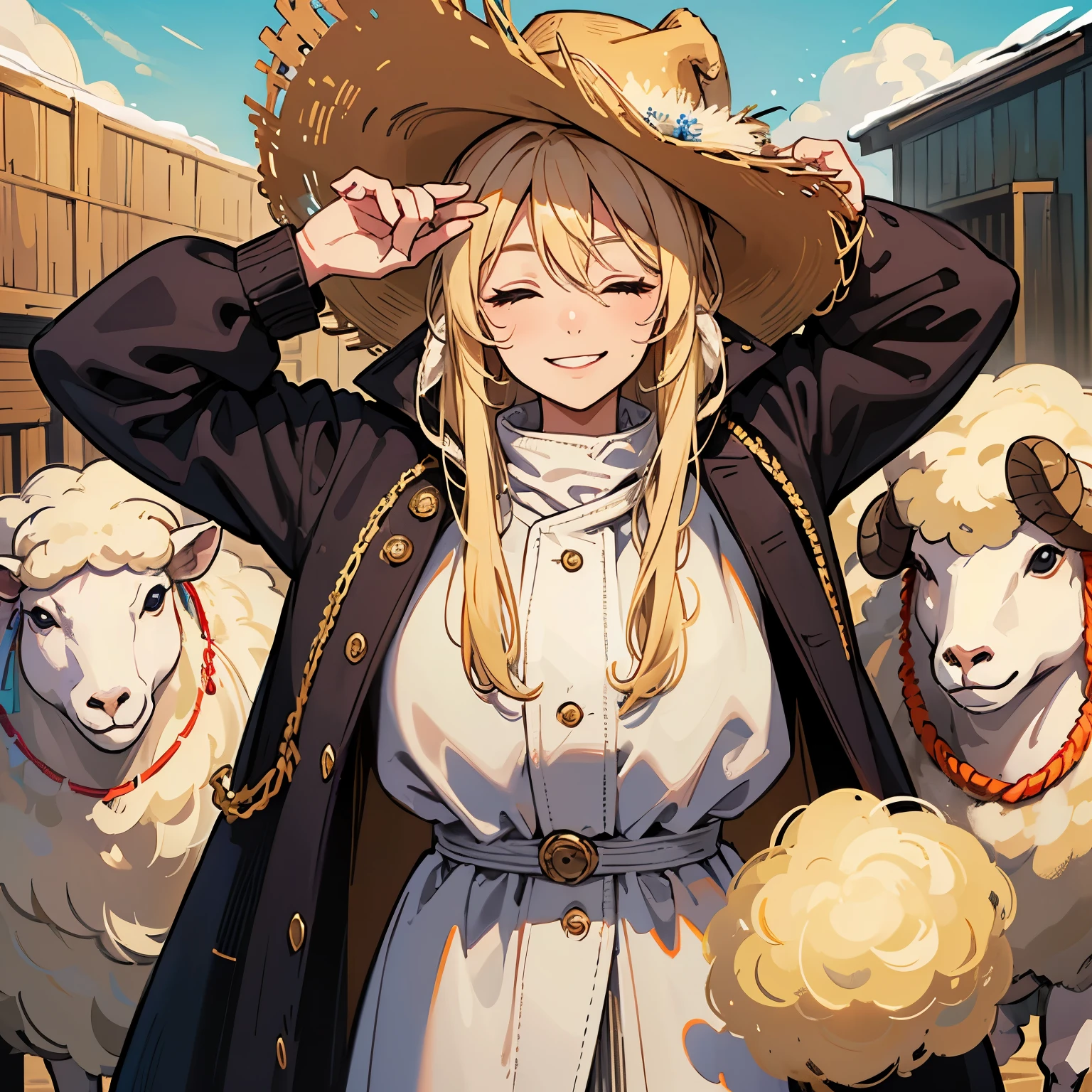 (((best quality))), perfect face, fair skin, dirty blonds, messy hair, midpart, smile, closed eyes, man, cowboy hat, sheep herder, thick jacket, smiling outside, relaxed looking