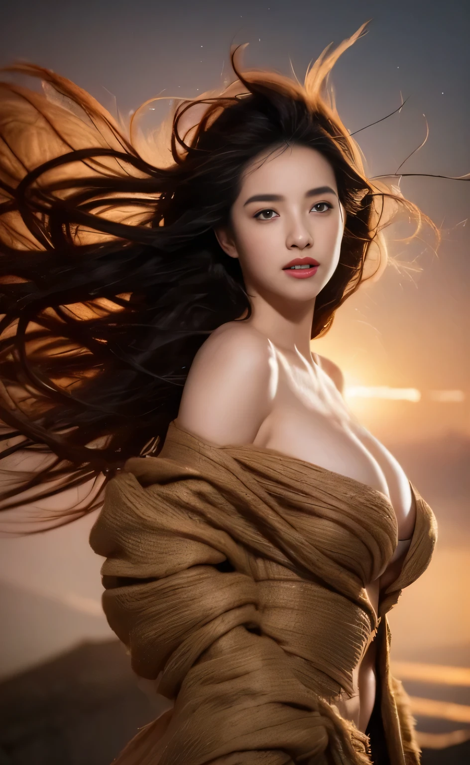 beautiful digital artwork, fantasy gorgeous lighting, gorgeous digital art, stunning digital illustrations, digital fantasy art, 3D rendering character art 8K, high resolution, detailed digital art, (photorealistic stick:1.5), ethereal fantasy, 1 girl, beautiful smile, cowboy shot, Balanced figure with a length of 7 heads, perfect growth, beautiful curves, Bewitching、sexy、eros、curly long hair、red, Woman with shining light, pretty face, detailed face, perfect beautiful proportions, Big breasts that are about to burst, thin waist, Belly button pussy, big ass, swollen butt, Gaps between the legs, sexy thighs, long legs, (Naked under translucent sexy dress: 1.2), naked、Floating in space there, She spreads her arms and takes a deep breath, She is a goddess 、dynamic pose、(Terrible wind: 1.8), (messy hair and clothes: 1.8), Her skin is exposed, she wants to look sexy, The background is space, in the darkness, many stars, background blur, front light: 1.2, face light: 1.2,The background is the ocean、Blur the background、shallow depth of field、far and near method、