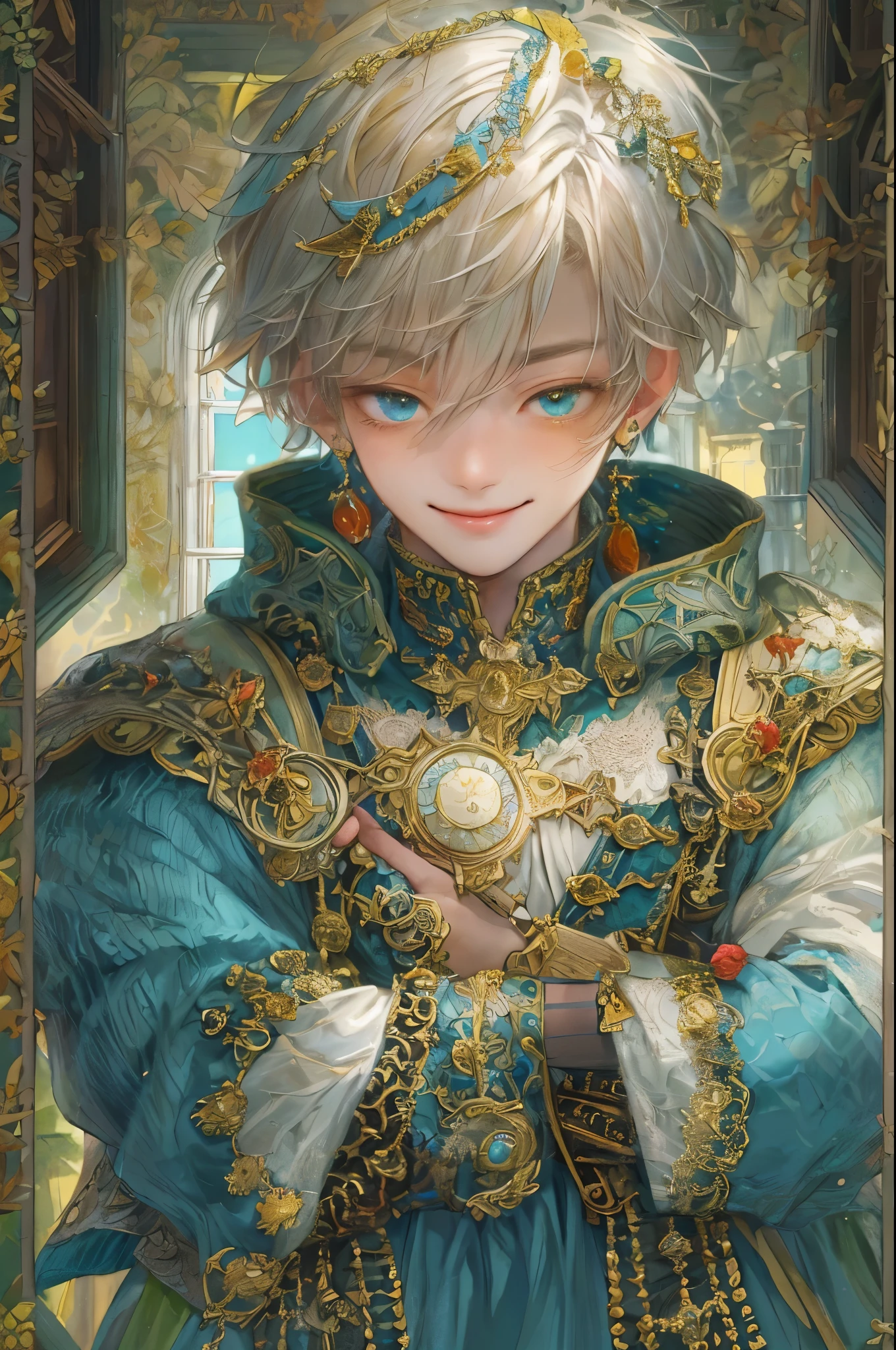 ((absurdres, highres, ultra detailed, perfect face), 1 boy , front view, young boy, handsome boy villain character from Brigandine, short hair, anime eyes, celestial clothes with colorful details, eyes on the viewer, add red details to picture and smirk, dimples, extremely detailed CG unity 8k wallpaper, add blue details on side, intricate details and add yellow details on left, armory interior ornaments, Item shop background, detailed houses town scenery window background
