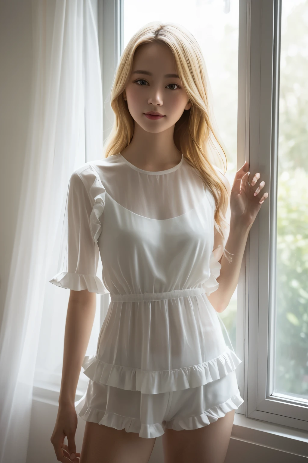 (Top quality, masterpiece), 1 girl, minute details, frills, see-through, sunlight from the window, blushing, blonde hair, standing, looking at camera,
