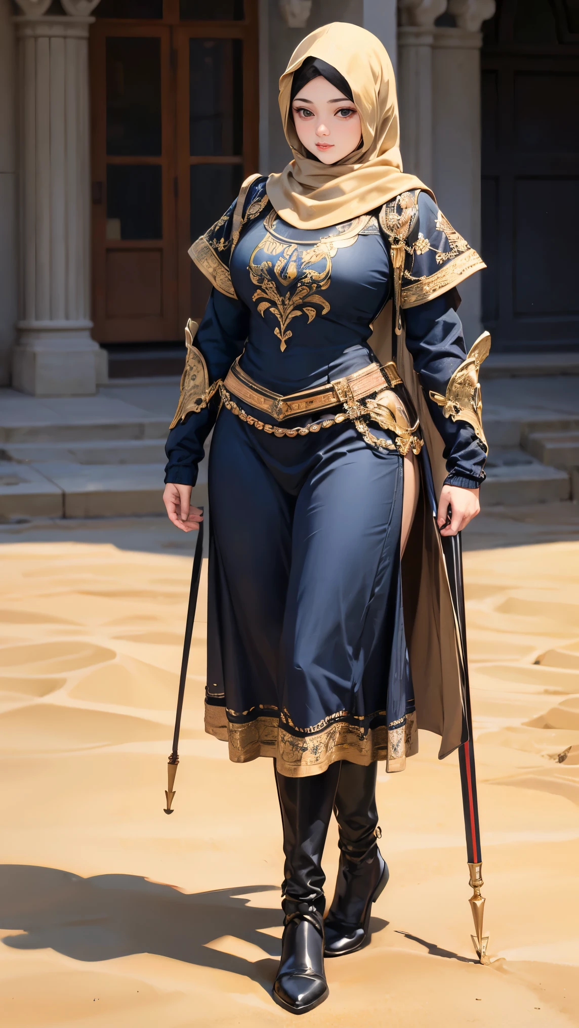 Pretty hijab girl, army of king, masterpiece, UHD, super detailed, super realistic. (((full body view))). Women knight. Great design costum. Background sands. Day light. Various live action pose. Beautiful hijab, closed thick hijab dress.