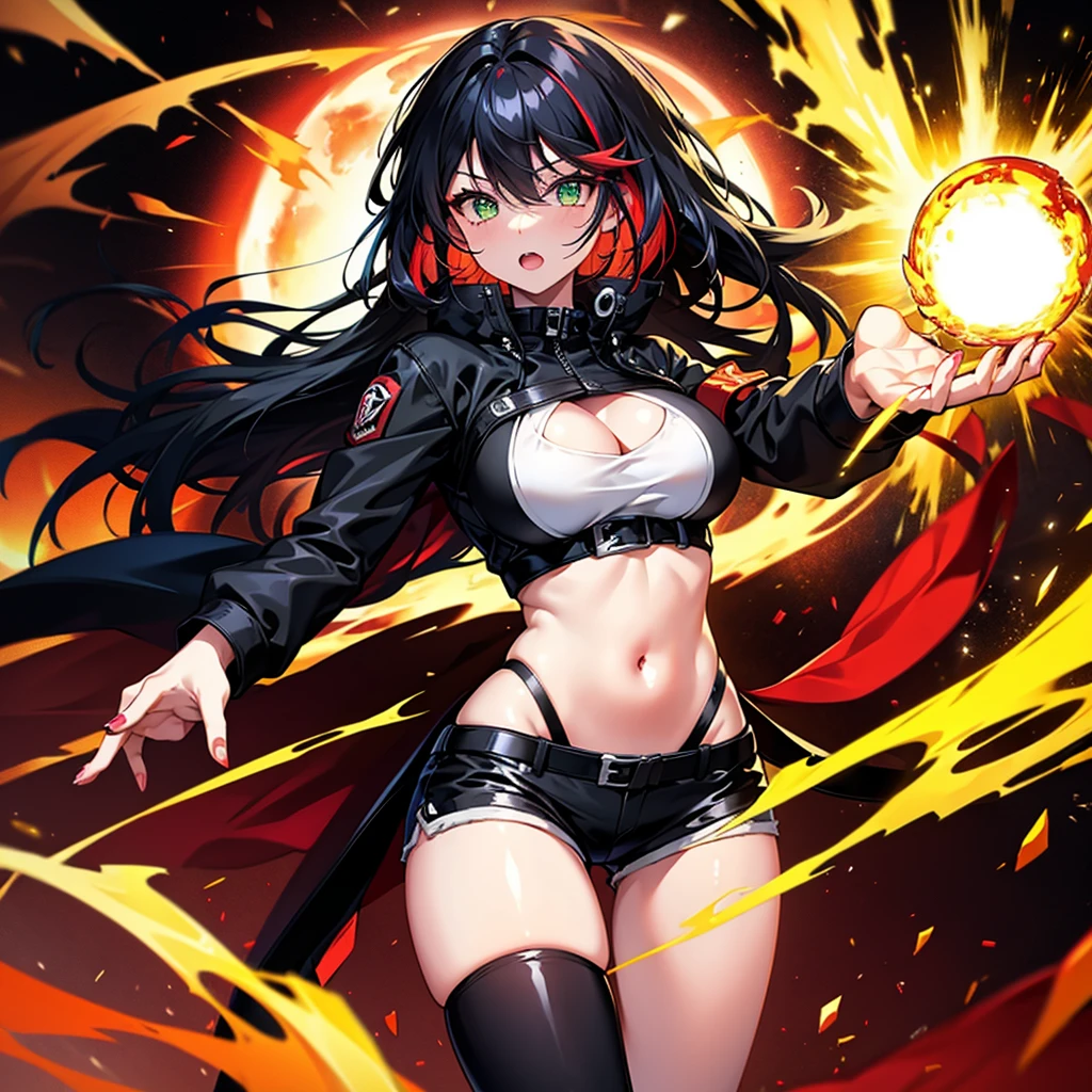 1 girl, alone, Full body, sexy body, belly showing, Big Breasts, long hair, Full HD quality, black hair with NEON RED highlights, Bangs between eyes, neon green eyes, sexy face, short jacket, slightly open jacket , Navel, Navel exposed, short shorts, Slightly open, fire element coming out of his hands, fire element in his hand, Full HD quality, ELEMENTAL FIRE AURA AROUND THE BODY, 