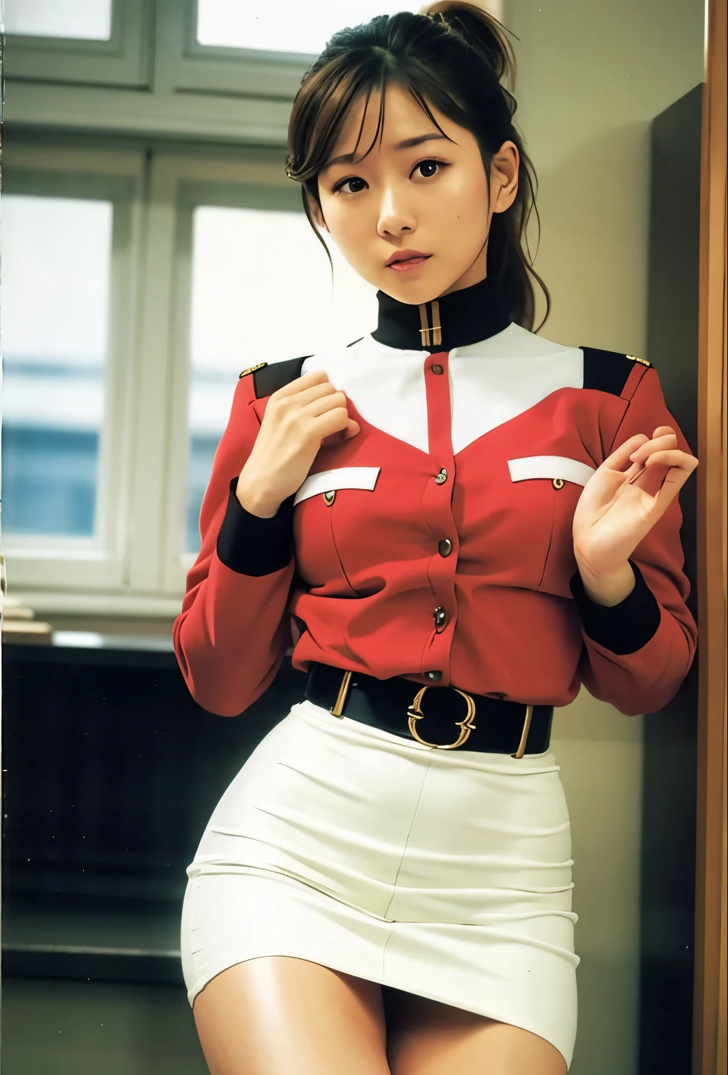 real photos、Highest image quality、beautiful woman、beautiful thighs、beautiful face、real image、Minami Tanaka、federal army uniform miniskirt、ponytail、Yuriko Yoshitaka、age日本人女性、Frau Bow、cute girl、white pantiesが丸見え、1６age、（white panties:1.3）、super mini skirt、beautiful thighs、white panties、赤いミニスカートがめくれてwhite pantiesが見えてる