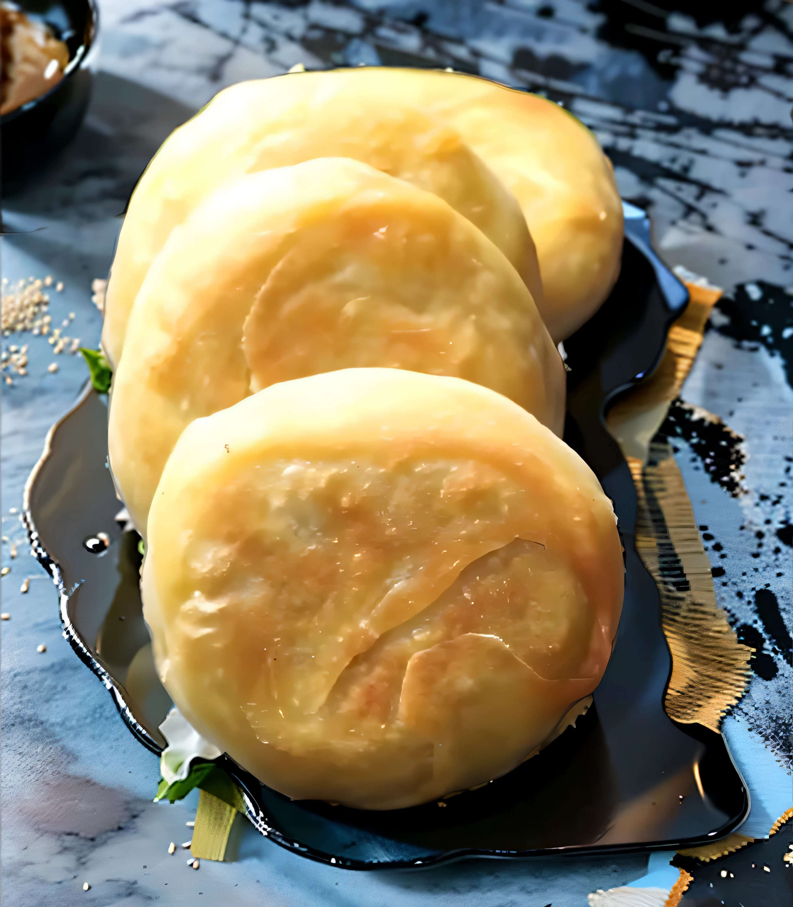 three pieces of bread sitting on a black surface with a shadow, bao phan, crispy buns, bao pnan, luscious patty with sesame seeds, steamed buns, chinese, qiangshu, easy, bun, 4 0 9 6, momoshiki ōtsutsuki, bread, very crisp, luscious with sesame seeds, sexy sesame seed buns, shaded