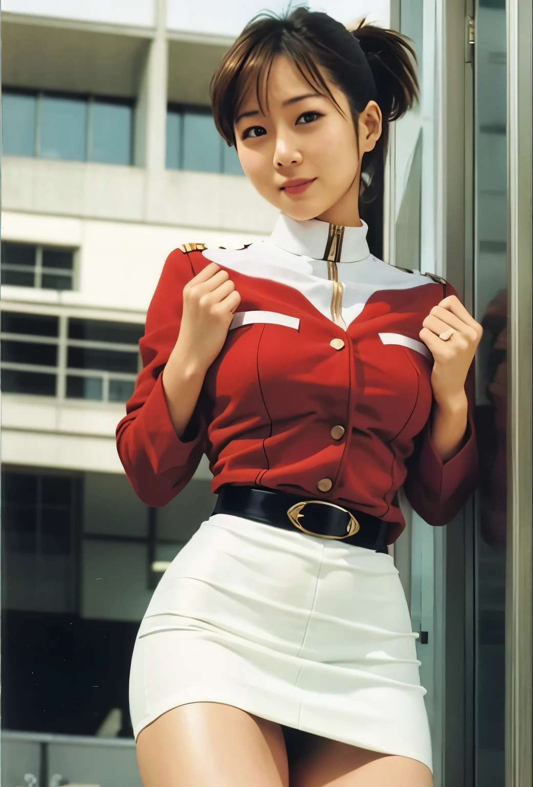 real photos、Highest image quality、beautiful woman、beautiful thighs、beautiful face、real image、Minami Tanaka、federal army uniform miniskirt、ponytail、Yuriko Yoshitaka、16age日本人女性、Frau Bow、cute girl、white pantiesが丸見え、1６age、（white panties:1.3）、super mini skirt、beautiful thighs、white panties、赤いミニスカートがめくれてwhite pantiesが見えてる