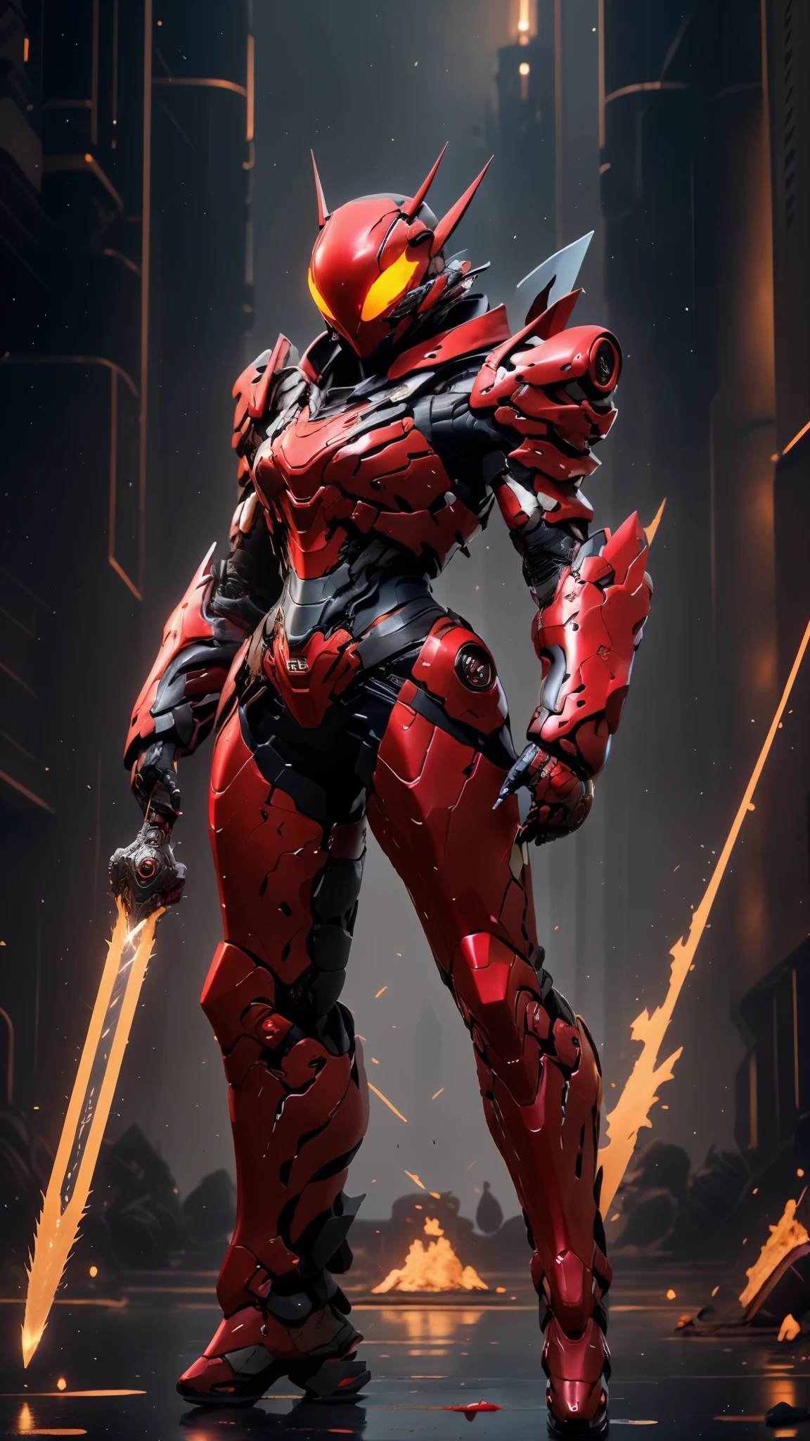 A woman adorned in fantasy-style full-body armor, a crown-concept fully enclosed helmet that unveils only her eyes, a composite layered chest plate, fully encompassing shoulder and hand guards, a lightweight waist armor, form-fitting shin guards, the overall design is heavy-duty yet flexible, ((the armor gleams with a golden glow, complemented by red and blue accents)), exhibiting a noble aura, she floats above a fantasy-surreal high-tech city, this character embodies a finely crafted fantasy-surreal style armored hero in anime style, exquisite and mature manga art style, (Queen bee mixed with Spider concept Armor, plasma, blood), ((Element, energy, elegant, goddess, femminine:1.5)), metallic, high definition, best quality, highres, ultra-detailed, ultra-fine painting, extremely delicate, professional, anatomically correct, symmetrical face, extremely detailed eyes and face, high quality eyes, creativity, RAW photo, UHD, 32k, Natural light, cinematic lighting, masterpiece-anatomy-perfect, masterpiece:1.5