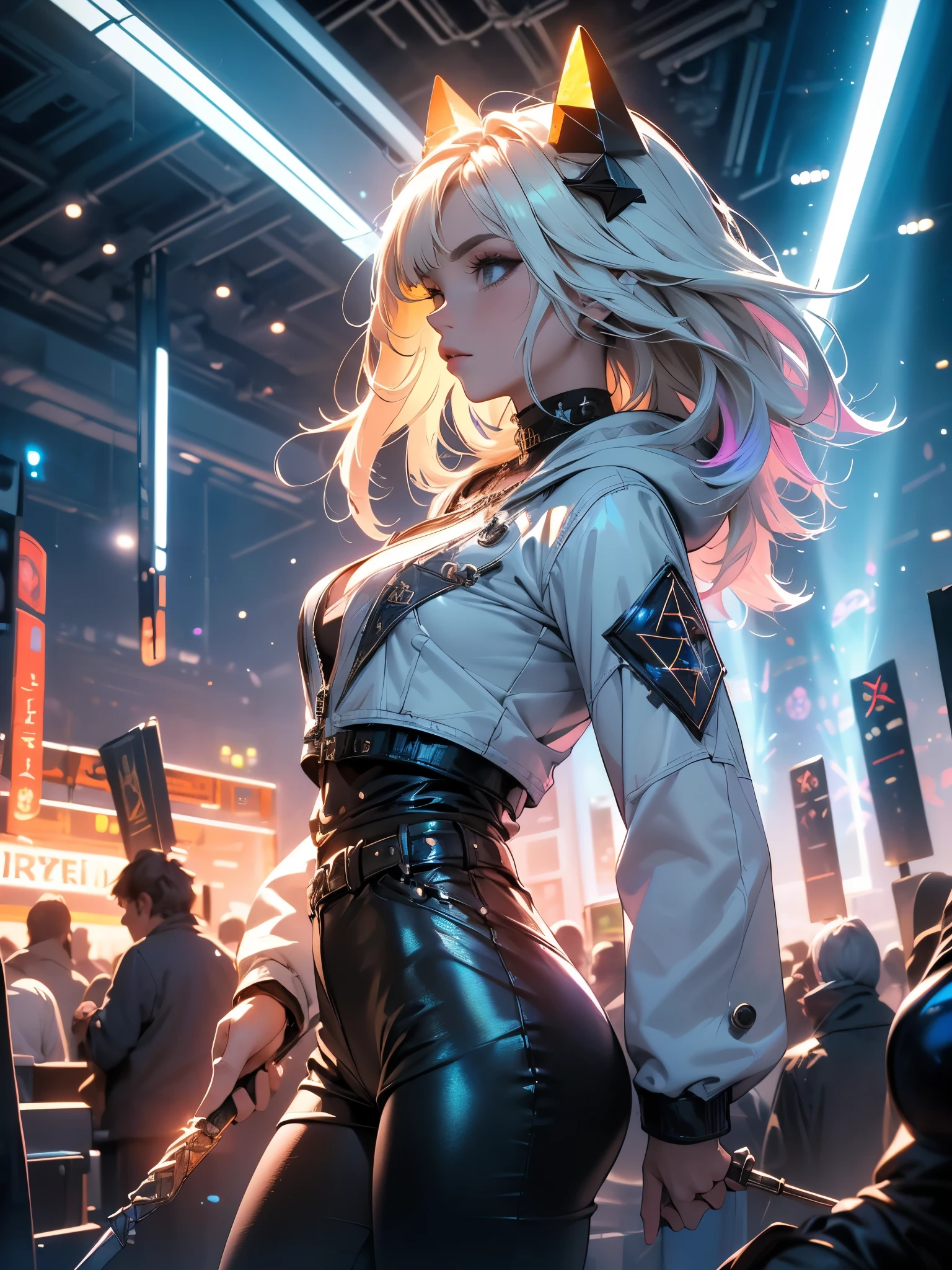 a girl with tight pants, high boots with laces, a jacket with a hood behind her, white hair, (((the girl is invoking magic with her hands, where a jet of light comes out with runes and rays))), girl in profile, in a magical and comical setting with spiral flowers and many colors, {extremely detailed 16k CG unit wallpaper}, expansive landscape photography, (a low view with focus on the scenery), (wide view of open field ), (low angle shot), (high light: 1.2), (low light: 1.4), (warm light source: 1.2), complex details, (iridescent colors: 1.5), (bright lighting), (atmospheric lighting )