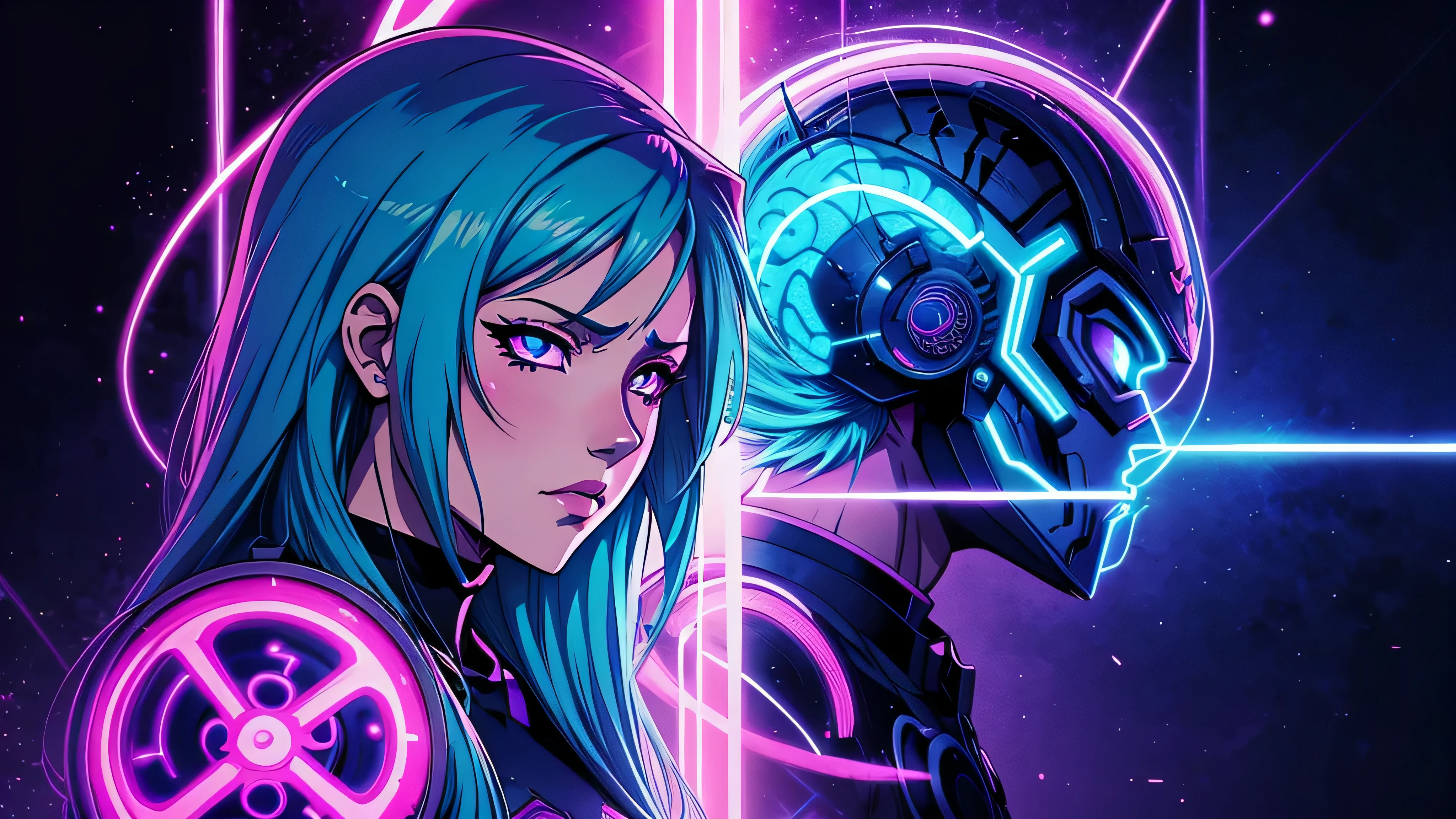 garota de anime, magical warrior, album cover anime phonk sick brain, cores azuis, Neon
