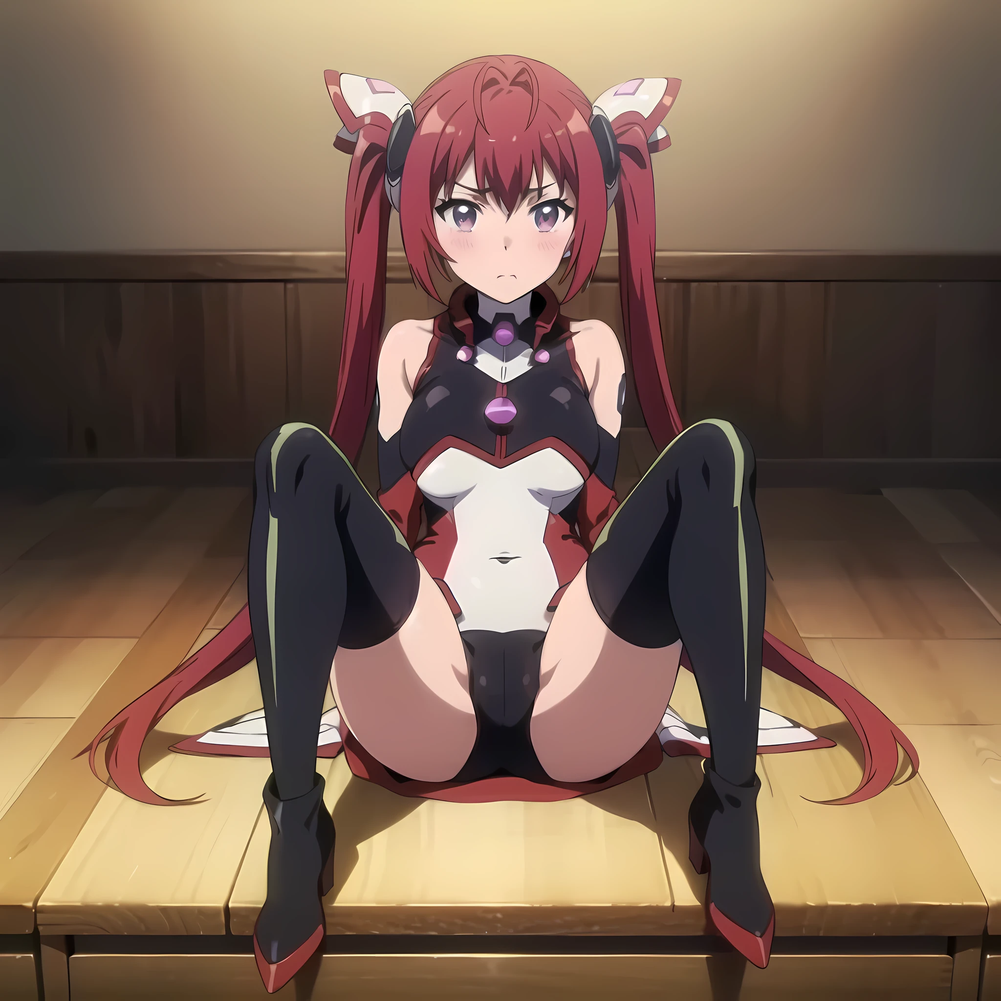 (detailed violet eyes), cute, blush, shy, looking at viewer, sitting with her legs crossed, (((((covered big breasts))))), (((black and white outfit))), tail gear, (black elbow gloves), ((black pants)), ((red thigh high boots)), (black thigh highs), high resolution, masterpiece, best quality, very long hair, red hair, gradient hair, armor, twintails, tailred