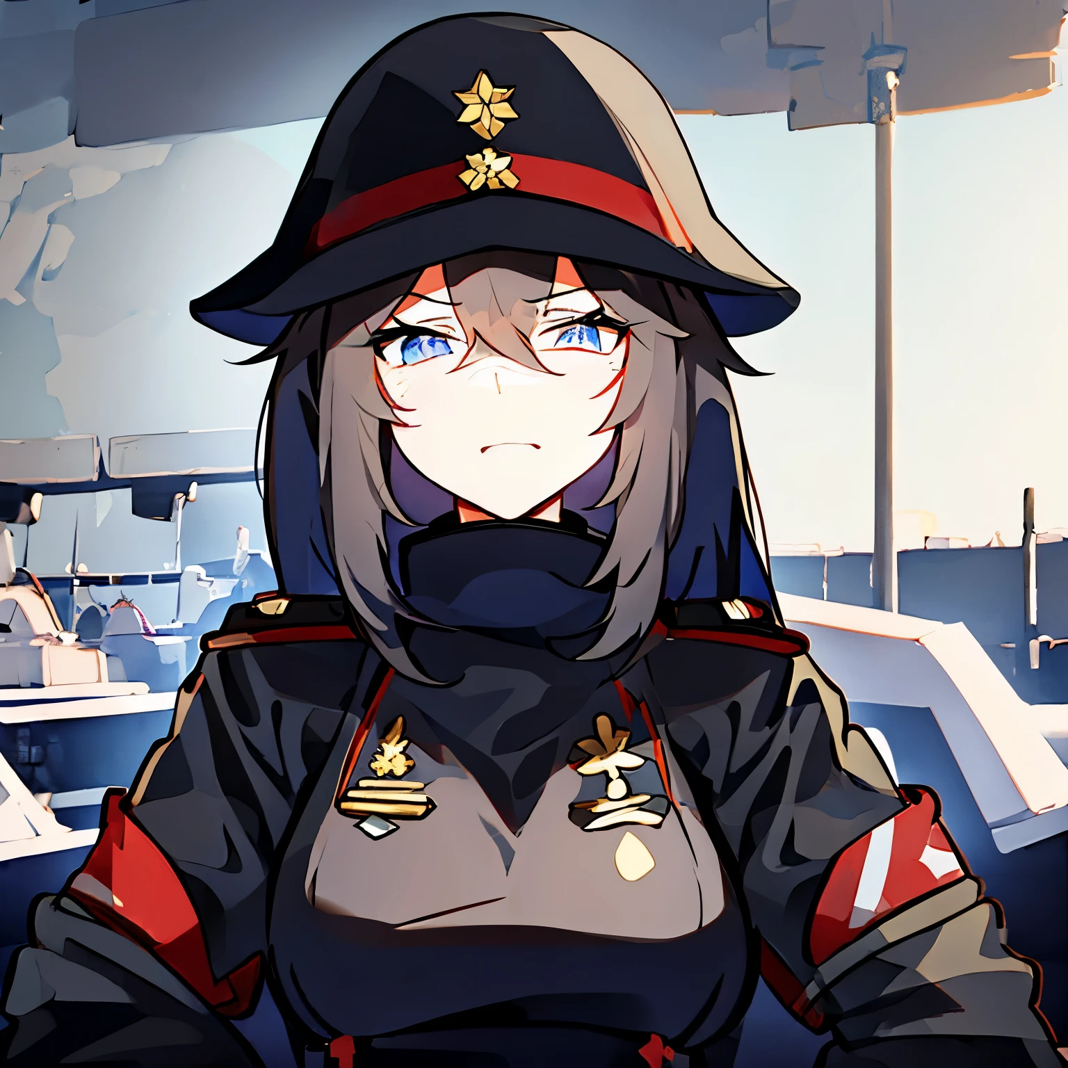 Mia Sexton, Women&#39;s Black German Military Uniform WWII, Cap and black gloves, black hair is messy, pele cor branca, light blue eyes with an arrogant expression is serious in the middle of a crowd with flags with a lot of factories in the background, giving a dramatic speech is exciting for your army.
