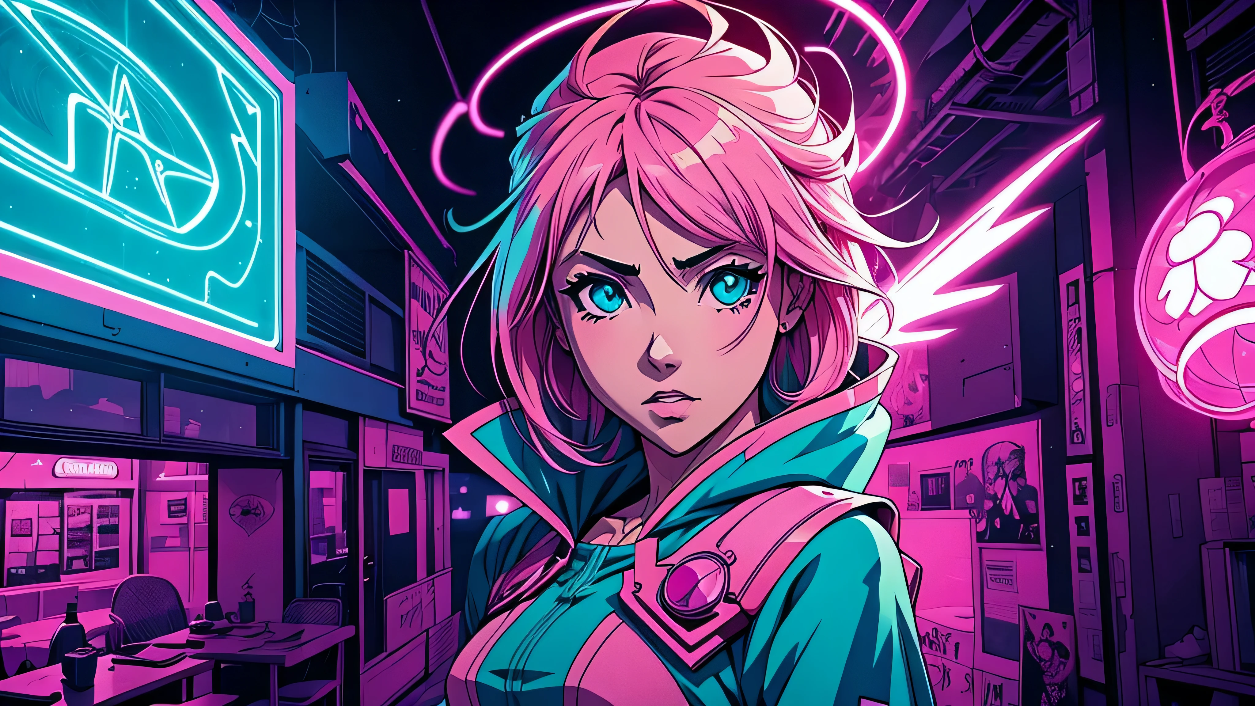 garota de anime, magical warrior, album cover anime phonk sick brain, cores azuis, Neon