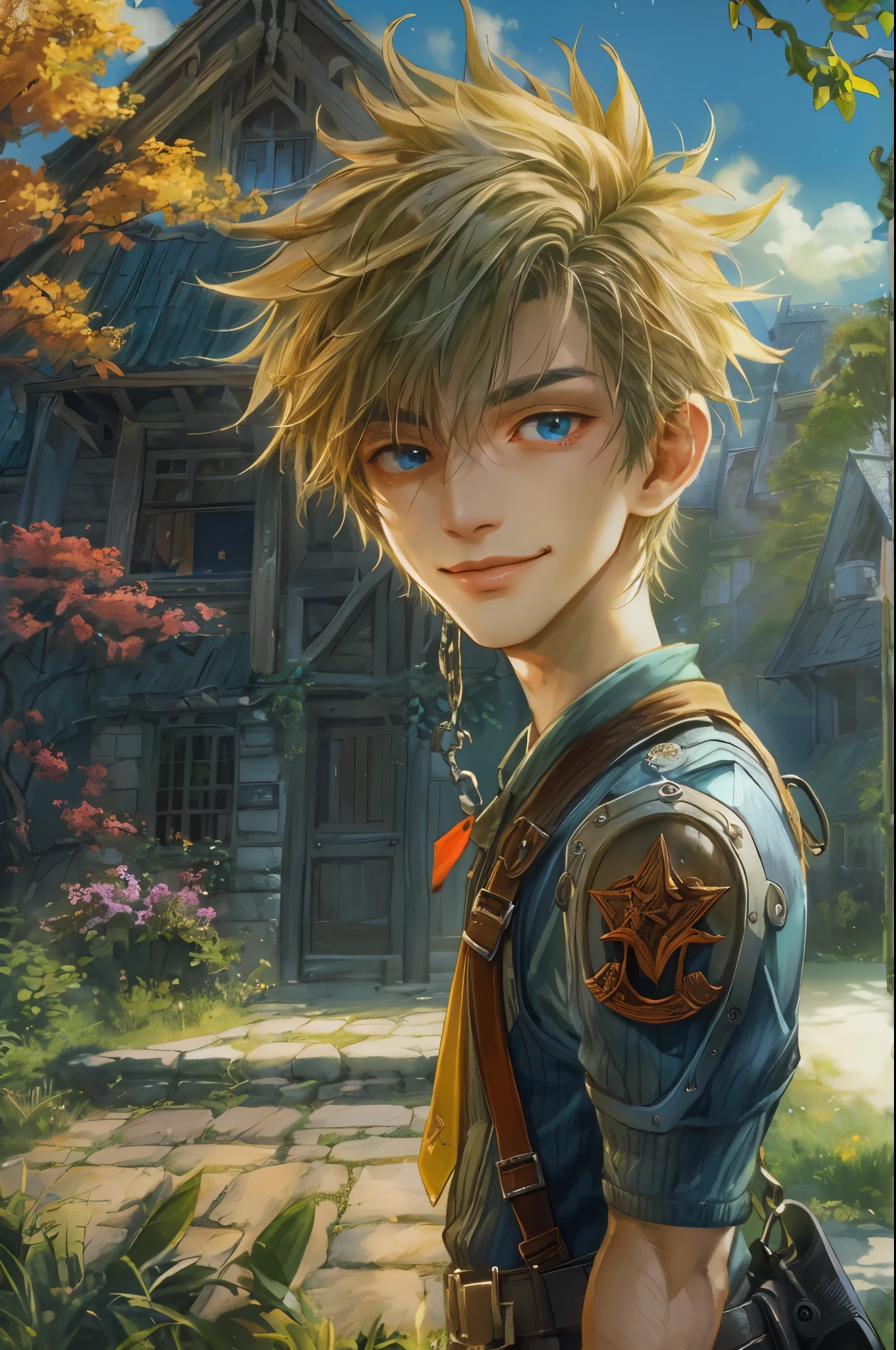 ((absurdres, highres, ultra detailed, perfect face), 1 boy , front view, young boy, handsome boy villain character from Final Fantasy VII, short hair, anime eyes, celestial clothes with colorful details,  eyes on the viewer, add red details to picture and smirk, dimples, extremely detailed CG unity 8k wallpaper, add blue details on side, intricate details and add yellow details on left, house under a giant tree background, detailed houses town scenery from a far view, nardack art style 