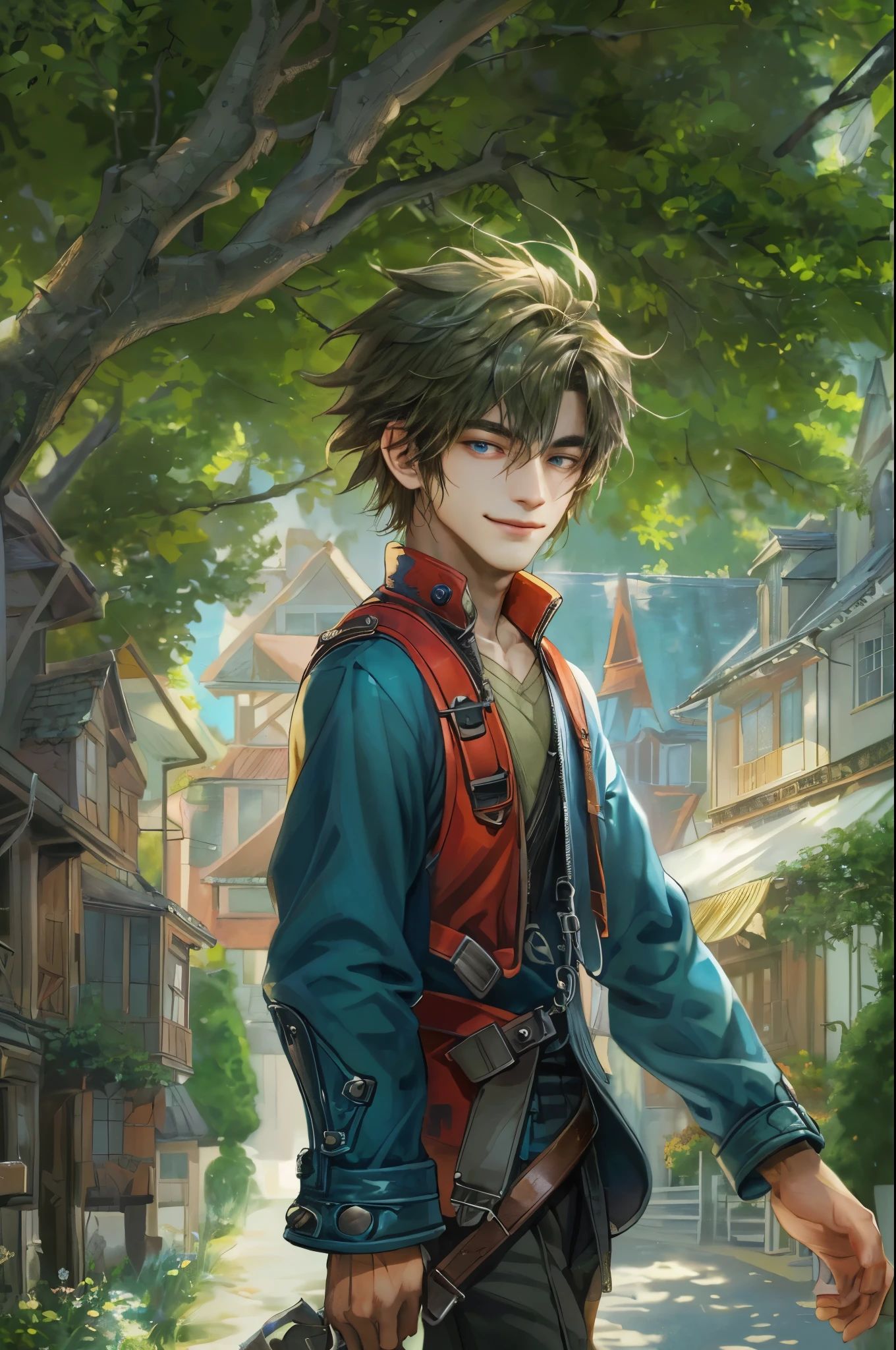 ((absurdres, highres, ultra detailed, perfect face), 1 boy , front view, young boy, handsome boy villain character from Final Fantasy VII, short hair, anime eyes, celestial clothes with colorful details,  eyes on the viewer, add red details to picture and smirk, dimples, extremely detailed CG unity 8k wallpaper, add blue details on side, intricate details and add yellow details on left, house under a giant tree background, detailed houses town scenery from a far view, nardack art style 