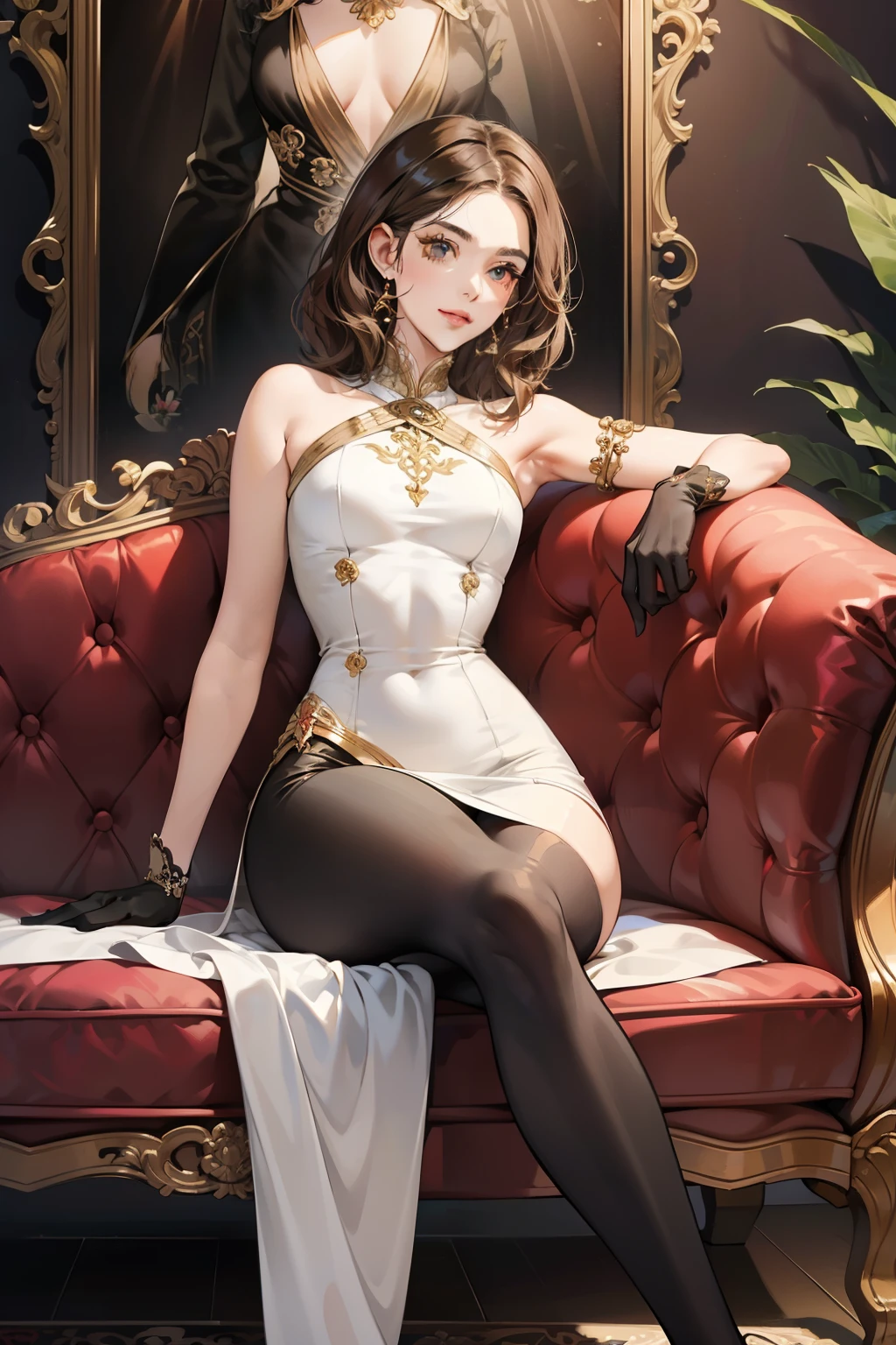 (8k, Best Picture Quality, tmasterpiece:1.2), (realisticlying, realisticlying:1.37), Super meticulous, a beauty girl, Flaming red lips,Smoke eyebrows,Danfeng Eyes,Charming eyes,Goose egg face,Fair and delicate skin,Thin waist,The figure is bumpy,Mature charm,With a light smile on his face,Black-brown big wavy long curly hair,a beauty girl,The face is delicate,well dressed,Purple shirt,Short white dress,Expose calves,Full body photo,Skin is crystal smooth,The calves are very white