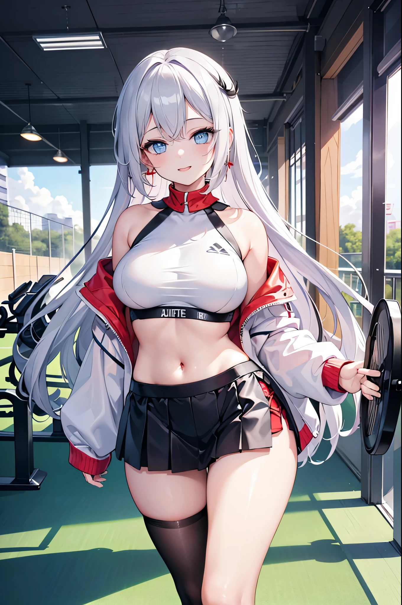Realistic image, Detailed image, 1 girl. Long silky hair, silver hair, blue eyes, long eyelashes. Women's 2-piece short t-shirt, ribbed, seamless, for workout, exercise, long sleeve, Pleated mini skirt. Large breasts, slim waist, wide hips and thick thighs. smiling. with one leg lifted while winking. Arched back. View from below. View from behind. Sports court. Volumetric light. Ambient light.