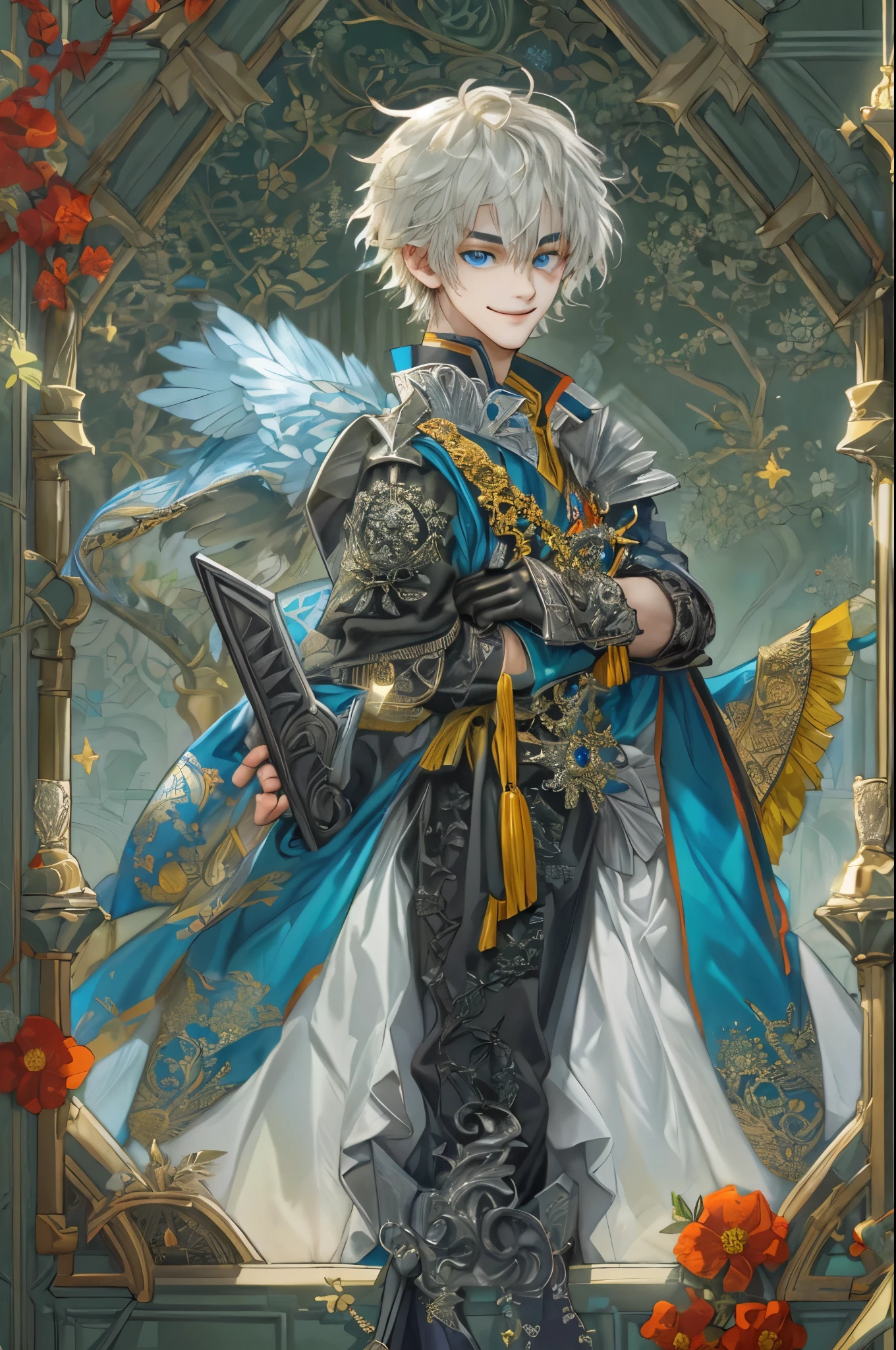 ((absurdres, highres, ultra detailed, perfect face), 1 boy , front view, young boy, handsome boy villain character from Brigandine, short hair, anime eyes, celestial clothes with colorful details,  eyes on the viewer, add red details to picture and smirk, dimples, extremely detailed CG unity 8k wallpaper, add blue details on side, intricate details and add yellow details on left, armory interior ornaments, Item shop background, detailed houses town scenery window background