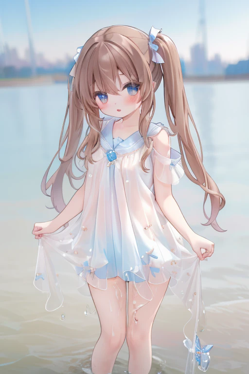 (masterpiece, best quality, ultra high res)
solo,blush,
above the thighs,beautiful detailed eyes 
1girl,twintails, brown hair
standing,
sky,water blur background,
