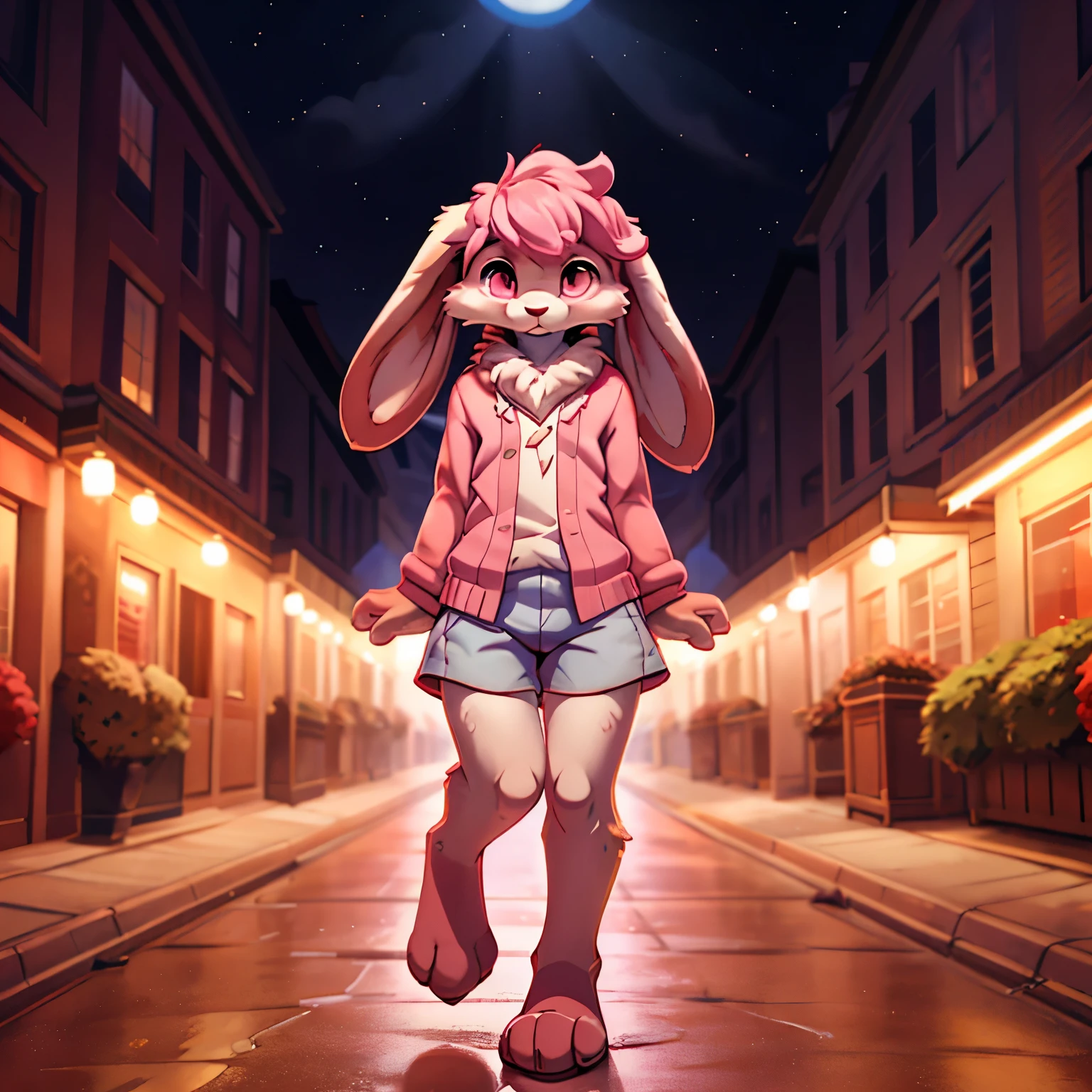 White fur, long floppy ears, rabbit, pinkish reddish eyes, kawaii clothes, masterpiece, best quality, solo, rabbit, long floppy ears, furry, fur, (detailed eyes:0.9), (detailed lighting, depth of field:0.9),lop rabbit, panorama, full body, pink Cardigan